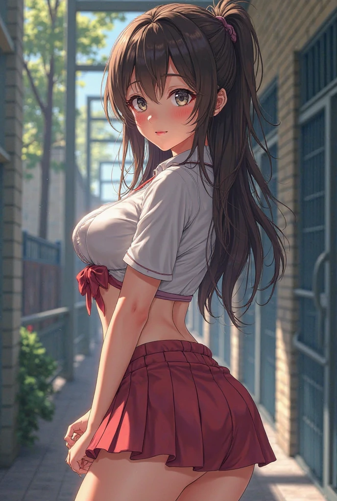 (highest quality), Super detailed), (Ultra High Resolution 8K), High-definition facial beauty, ((Skirt Lift)), Cute smiling girl, (Big Breasts), Detailed knitwear showing red see-through panties , Blushing, Very hot day, Shade, Seduce