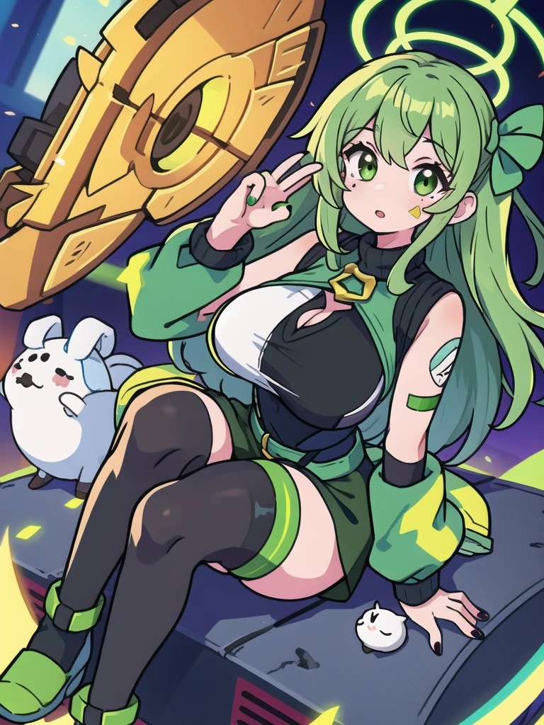 masterpiece, Best Quality,1girl in, (Solo:1.3),(huge-breasted:1),Smile, :1.3),standing on,A smile,Opening Mouth,playboy bunny,rabbit ears, black rabbit ears, fake rabbit ears, pantyhose, black pantyhose,bowtie, wrist cuffs, black leotard,,sexy pose,show off nipple,