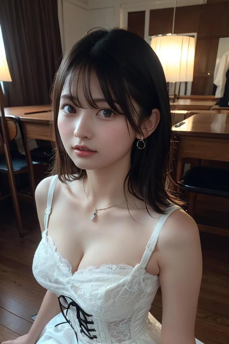tmasterpiece, 1 beutiful girl, Detailed eyes, Puffy eyes, best qualtiy, hyper HD, (Realistis: 1.4), RAW photogr, 1girll, cinmatic lighting, jpn, Super beautiful, Beautiful skins, slim, body facing front, (Ultra photo realsisim), (hight resolution), (8K), (Very detailed), (Most Best Illustration), (beautiful and delicate eyes), (ultra - detailed) , 详细的脸, looking at viewert, Staring straight ahead, Neat white clothes, Sleeveless,short detailed hair,brunette color hair,46-point diagonal bangs,The room is based on a white background tone,lying on the bed、look from above、neat atmosphere,Exposing her breasts,Beautiful collarbone