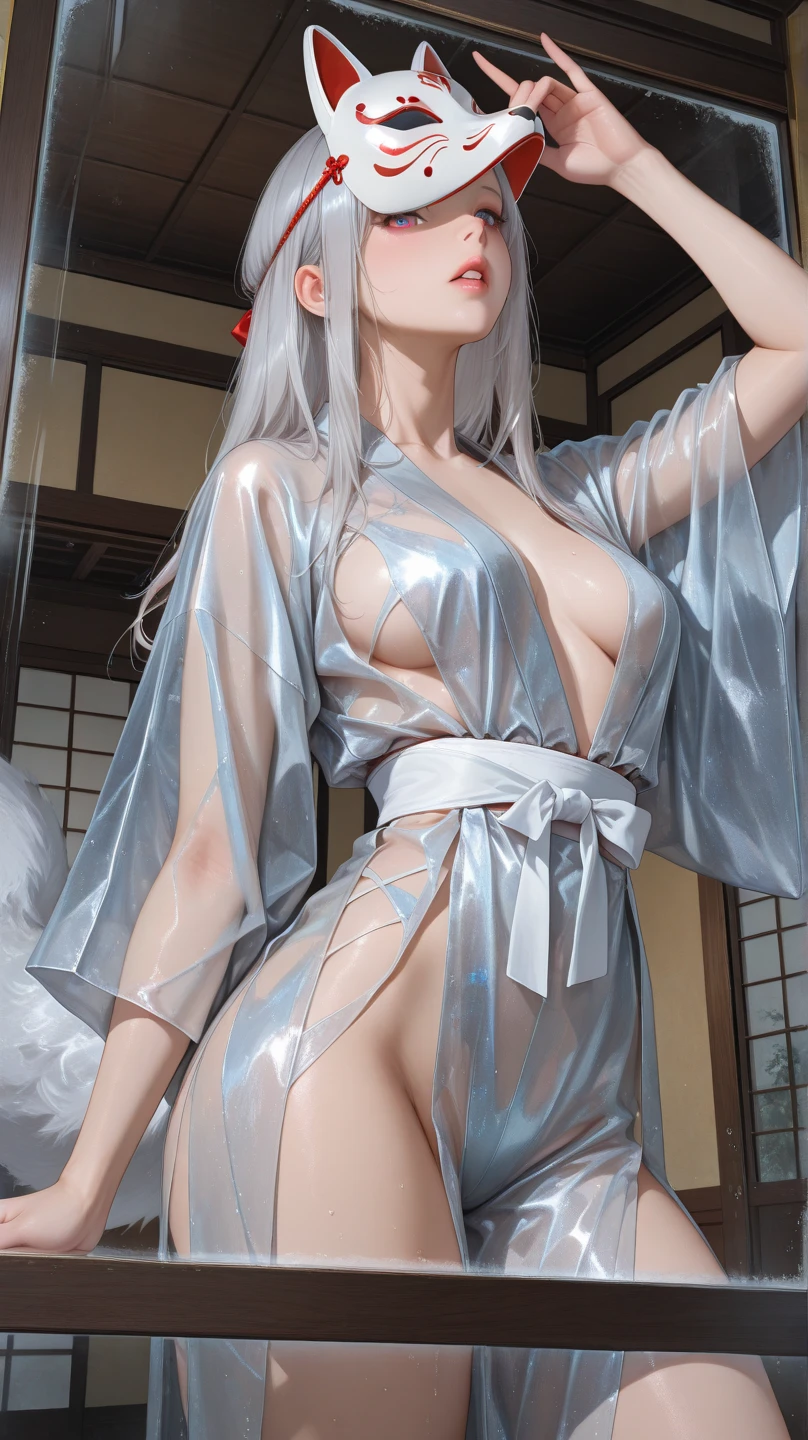 Best quality, masterpiece, ultra high res, raw photo, (perfect body shape), 1girl in clear transparent fiberglass cloth luxury tiny gold bathrobe, detailed face, silver-grey hair, waist up, solo, over size luxury latex bathrobe , beautiful belly breast ,medium long body shot., luxurious bath room hotel background