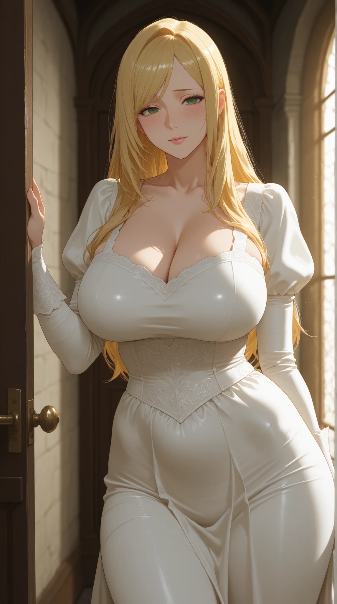high stature, long hair light chestnut tone, big and almond eyes, intense green eyes, slender and elegant figure, she wears a elegant red dress, big boobs