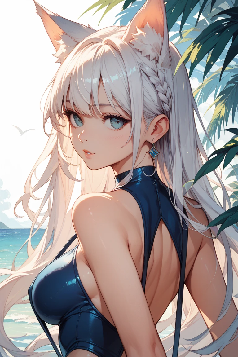 one-girl,Off-the-shoulder attire,cleavage,little breast,looks into camera,sportrait,closeup cleavage,black undersuit,long white hair,sea beach,Greenery,比基尼