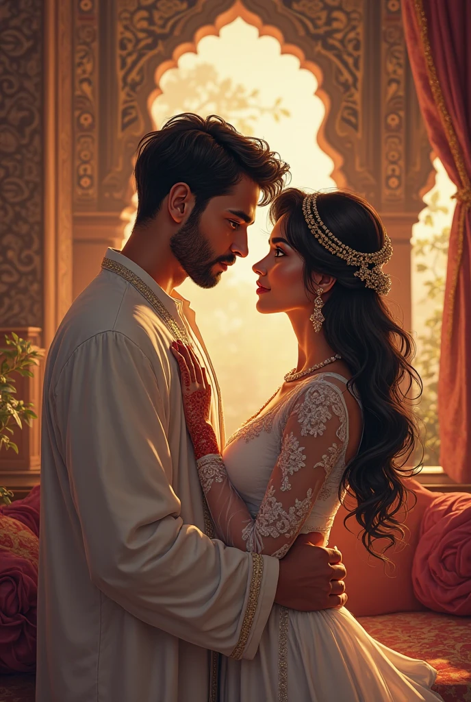 :
Youssef gives Zainab the necklace: A scene of Joseph presenting a precious necklace to Zainab in her home, with fine details of the necklace and the surrounding decor..