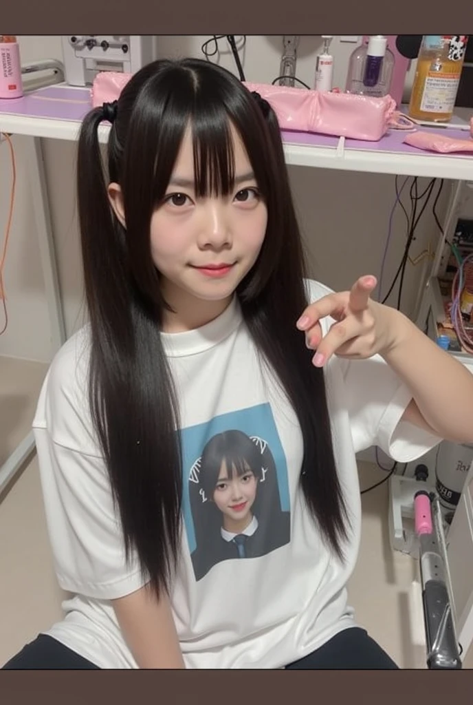 “Create an image of a person with long hair, styled to resemble the voice actress Nana Mizuki. The person is wearing a T-shirt with a graphic design. The background should be white, and the person’s expression should be a soft smile with a glimpse of teeth visible.”