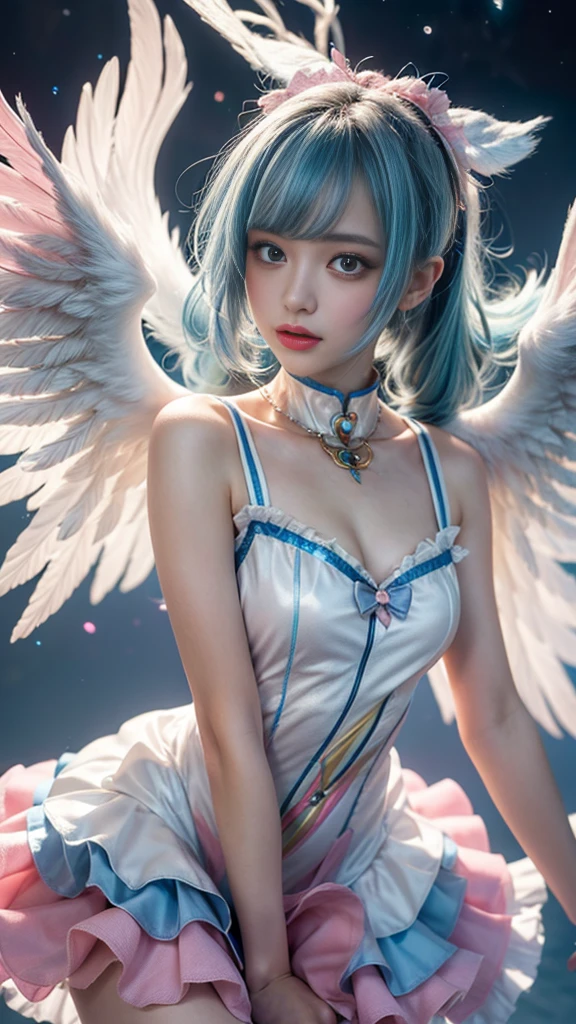 White dress, rooftop, 1girl, nose blush, 1 Screen View, low angle, 8K, highest quality, Beautiful expression, girl sitting, Shiny natural skin texture, cheerful, Cute face, grin, fluffy bob cut, hair ribbon, (Wings are growing:1.5), (nsfw:1.1), (masterpiece:1.2), (see through:1.1), (puffynipple:1.1), (Light-pigmented nipple:1.3), (small breasts:1.1), (sky blue hair:1.4), (flower hair ornament:0.8), (No underwear:1.2)																