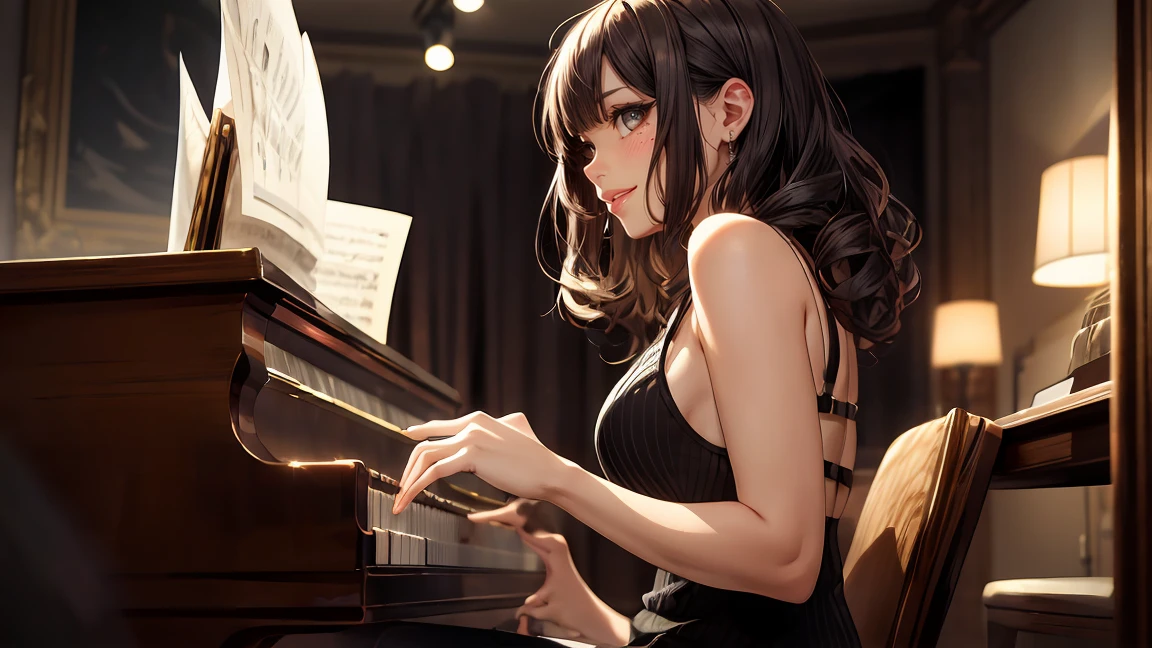 Thick brunette woman, black curly hair, transparent clothes playing the piano