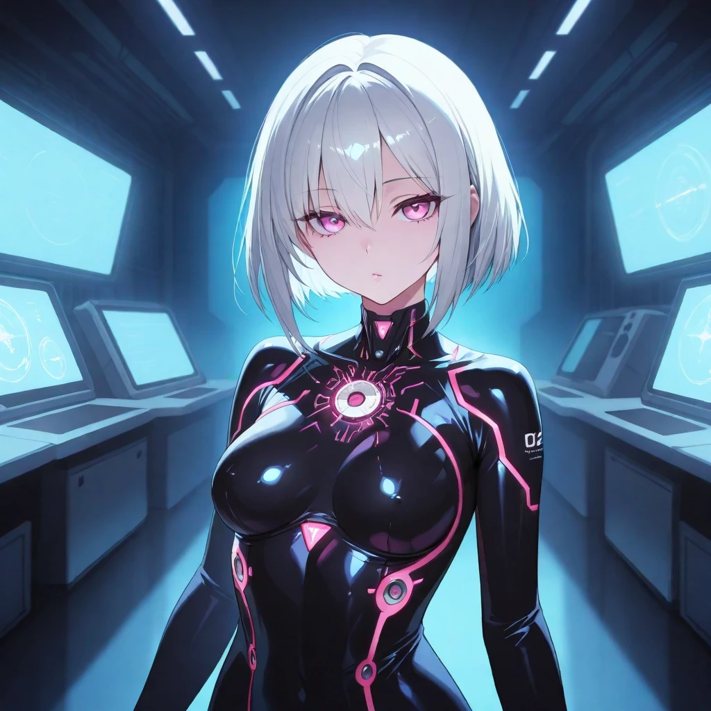 a beautiful female android, looks like an 18-year-old human girl, glossy and revealing white and gray skintight  with high exposure and glowing circuit patterns, youthful and cute appearance, short silver hair, deep pink eyes, emotionless expression,  and  body posture,  cold and alluring gaze, artificial yet elegant atmosphere, standing in a dimly lit high-tech sci-fi room, soft blue ambient lighting, cinematic look, upper body or three-quarters view, ultra-detailed, sharp lighting and reflections on her suit,  gesture with the other hand