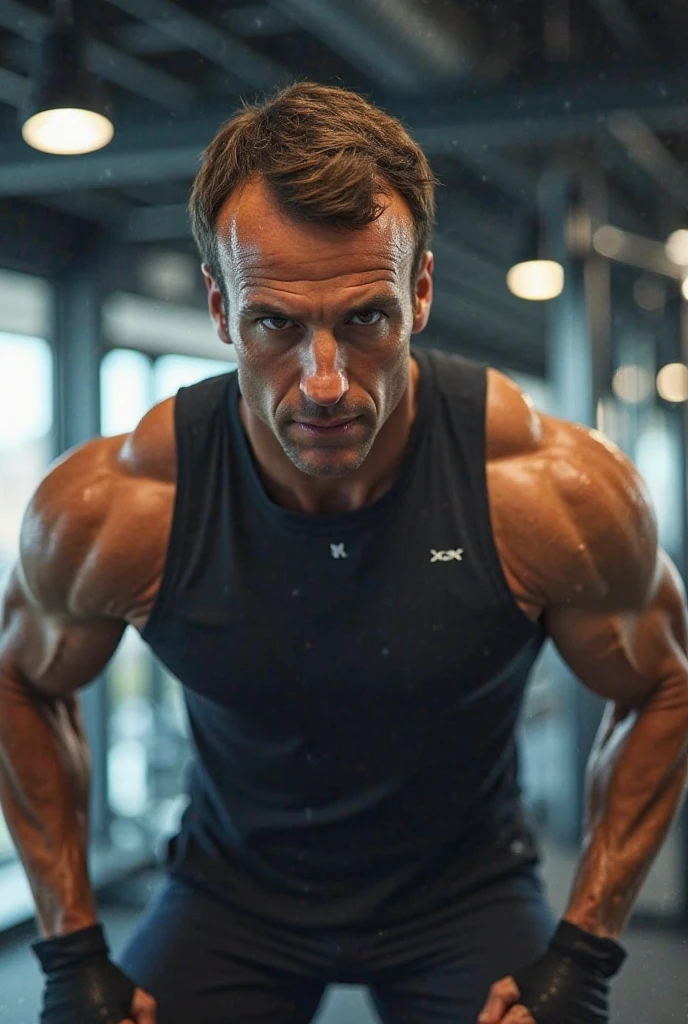a handsome muscular man, workout at the gym, sitting on a weight bench lifting weights, chiseled abs, strong arms, intense facial expression, dramatic lighting, cinematic composition, photorealistic, high quality, 8k, hyper detailed, sharp focus, physically based rendering, studio lighting, vibrant colors
