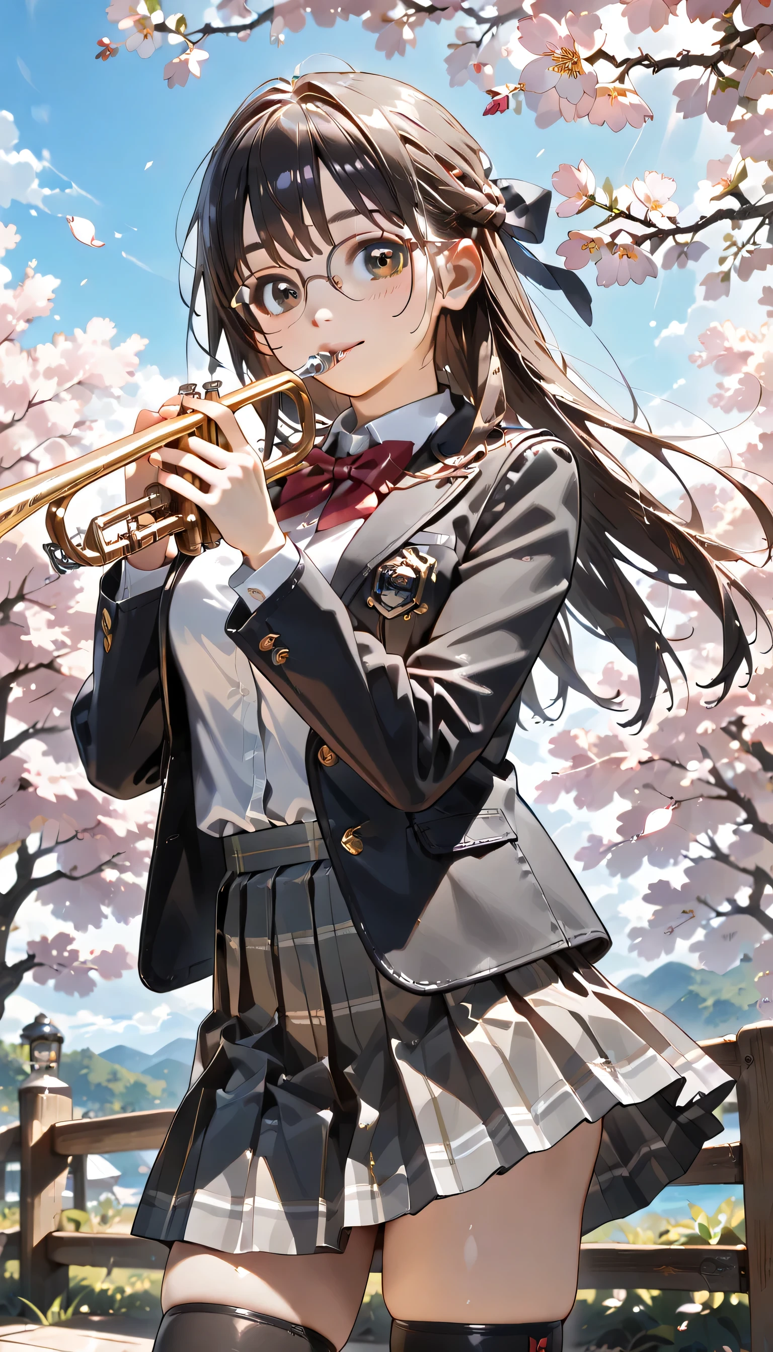 ((ultra-detailed)), (highly detailed CG illustration), (best quality:1.2), ultra-highly detailed, colorful composition, artistic photoshoot, 1girl, solo focus, ((thigh to top:1.4)), ((cowboy shot:1.4)), moe anime character, girl, dainty facial structure, (baby face), (round face), ((rounded chin:1.2)), ((ideal ratio body proportions)), thick eyebrows, half updo, Sagging eyes, long hair, black hair, brown eyes, ((wearing glasses:1.4)), ((round eyewear:1.4)), (hair ribbon with blue), ((hair is swaying in the wind)), ((smile:1.2)), ((blush1.2)), ((play the trumpet:1.4)), ((trumpet that shines reflecting the sunlight:1.4)), ample breasts, school uniform, navy blue blazer, modern style with fitted jacket, red neck bow, long sleeves white frilled shirt, navy blue pleated skirt, and black high socks, from front, expecting, pink cheek, blush, light pink gloss slip, beautiful detailed sky, cherry blossom petals, cherry trees, row of cherry trees, breeze, petals dancing in the wind, shining sunlight shines, dynamic pose, contrapposto pose, best quality, masterpiece, portrait, depth of field, soft lighting, sidelighting, (shine), lighting, caustics, ray tracing, perfect face, lustrous skin, highly detailed face, highly detailed eyes, perfect face, perfect nose, perfect hair, perfect eyes, perfect anatomy, beautiful hair, beautiful small face, extremely detailed face, beautiful detailed eyes, beautiful clavicle, beautiful body, beautiful ample breasts, leavage, breasts squeezed together, equalize the size of the left and right breasts, beautiful thin thighs, beautiful legs, beautiful fingers, 4 fingers, 1 thumb, lovely, (very detailed background:1.0), (highly detailed background:1.0), spring aesthetic, intricate details, enjoy the performance atmosphere, spring colors palette, chromatic aberration