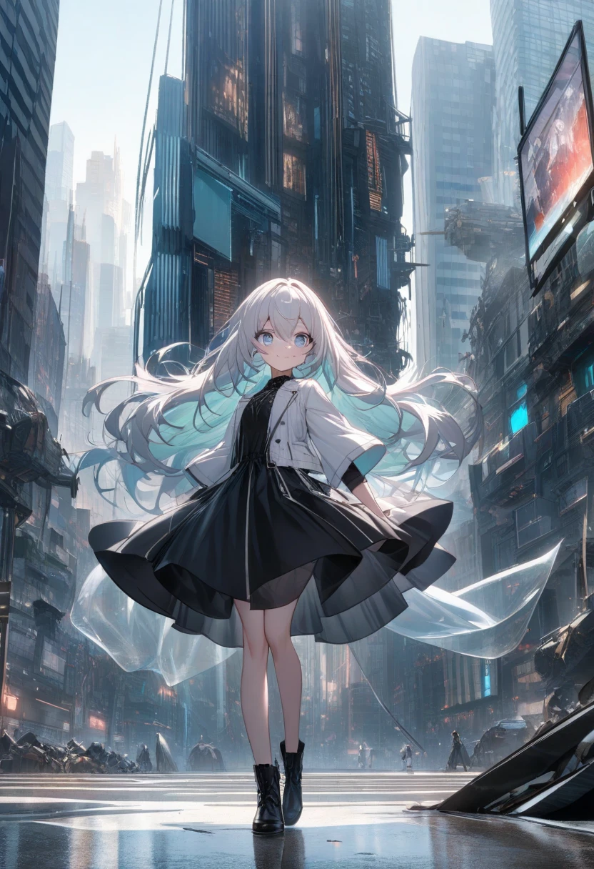 solo, <lora:marnie_outfit-04:1> marnie_outfit, dress, pink dress, jacket, black jacket, open jacket, boots, ankle boots, black footwear, choker, black choker, collar, <lora:firefly-v2-kozue:1> 1girl, blue eyes, grey hair, long hair, hair ornament, black hairband,, absurdres, ultra detailed, masterpiece, best quality, aesthetic, detailed,