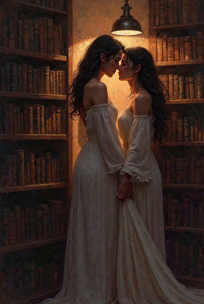 beautiful womens; looking for a forbidden book in ancient library with a lost of mistery and secrets; caravaggio painting; half naked; violet sorrengail; two womens being intimate with the books; chiarosescuro; no purple hair; first woman blonde and second woman brown hair; architecture; vaulted arch