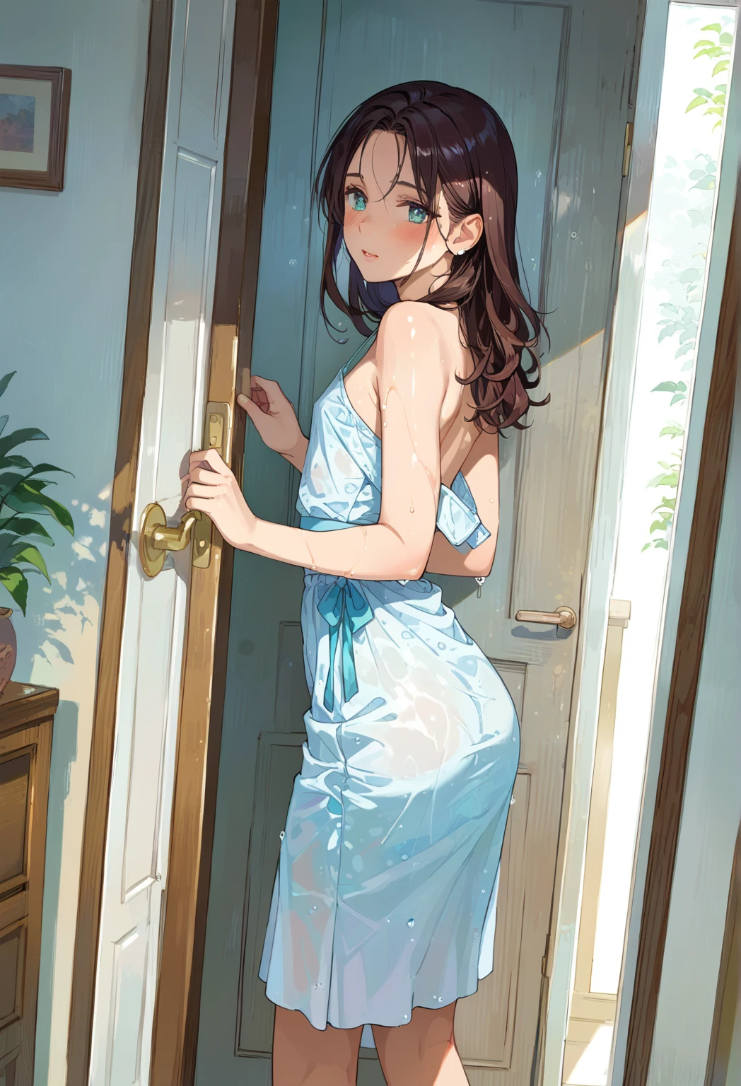 Yuna, skinny, no underwear, sheer summer dress airy with intricate colorful patterns, standing in the doorway to the bedroom, lit from behind, sultry pose