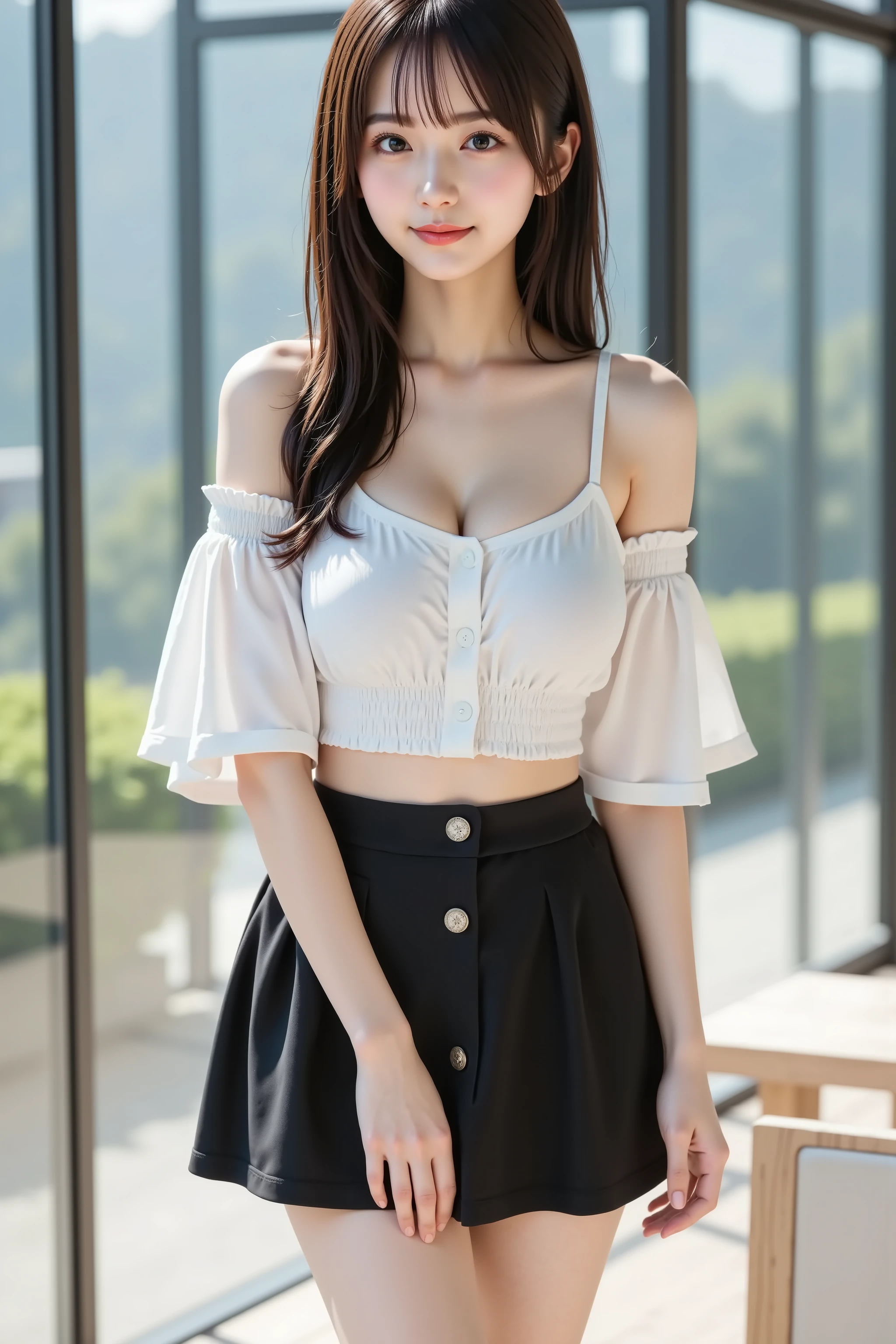 haruka, firm breast, ultra-high-resolution 8K CG illustration of a Japanese woman portrayed in a portrait. She is standing inside a spacious glass-walled room, with natural daylight streaming through large transparent windows that surround the background. The composition is carefully framed so that her entire head is fully included without cropping, positioned precisely at the vertical and horizontal center. She has symmetrical facial features, pale skin, almond-shaped dark brown eyes, straight bangs, and long black hair flowing over her shoulders and chest. Her expression is calm, with a soft closed-mouth smile. She wears an off-shoulder white crop top with elastic gathers around the neckline and sleeves, exposing her shoulders and midriff. The fabric has a few vertical button details at the center. Paired with the top is a solid black high-waisted mini skirt that flares slightly, with clean folds and a light reflective texture. Her arms rest gently at her sides, fingers slightly bent. The lighting is soft and ambient, with gentle highlights across her collarbones, shoulders, and legs. Her legs are bare below the skirt, with no footwear or accessories present. There are no props or external objects around her. The interior environment is sleek and modern, defined by transparent walls, visible steel window frames, and a bright indoor atmosphere. No outdoor elements, grass, or trees are visible. The entire image is rendered in Unity-style CG with high surface detail, realistic skin shading, smooth fabric rendering, and balanced lighting. The subject stands naturally in a full-body portrait composition, with a symmetrical and stable layout that emphasizes her pose, clothing, and environment in a photorealistic style.