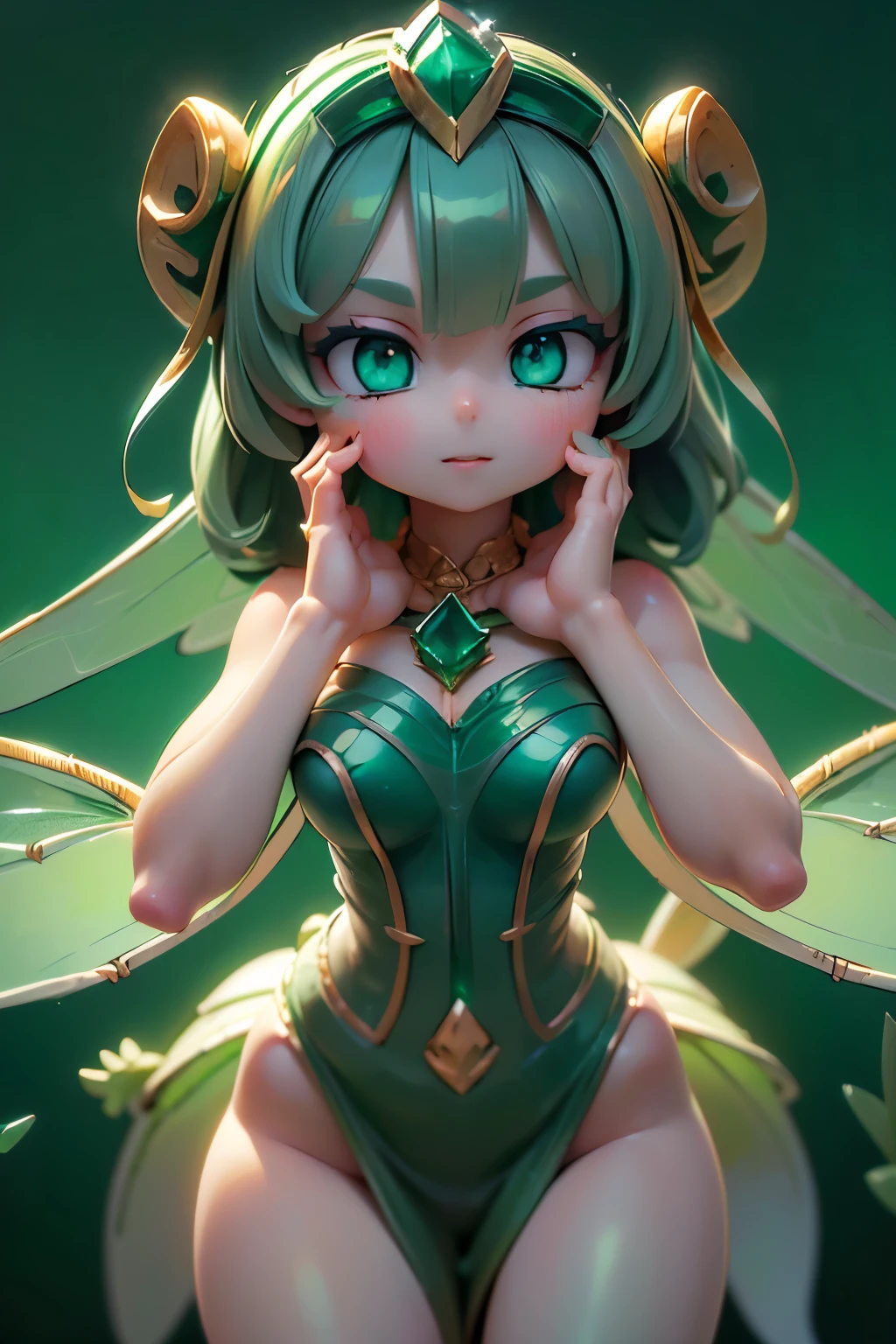 solo,1 Female,cute, cute,small ,Skin color is white,(Succulents Succulents Fairy:1.5),(Mysterious fairy:1.5),(An accurate and perfect hand:2.0),(Anatomically Accurate Hands:2.0),( ballerina pose :1.5),(Emerald Green Jewel-like Eyes:2.5),(Glittering Highlights Reflected Light:2.0),(Background is a Blue Sky and Beautiful Fresh Green Forest:1.5),(Yellow-green shiny semi-long hair:1.2),(is smiling:1.2),(with large transparent Dragonfly and agave wings growing on its back:1.7),(beautiful luxurious dress like metallic green Succulents:1.5),big cute smile,(Dragonfly's Beautiful Wings on Her Back:1.5),[Dragonfly Wings:1.5],(The background is a blue sky, beautiful fresh greenery, and an agave forest:1.5),(8k,very detailedCGユニットのwallpaper, masterpiece,high resolution, real texture skin,surrealistic,increase resolution,RAW photo,best quality,very detailed,wallpaper,Movie Lighting, Raytrace ,face close-up,(Face Light:2.0),(Increase overall color saturation:2.0),(cowboy shot:1.5), Frontal lighting ,
