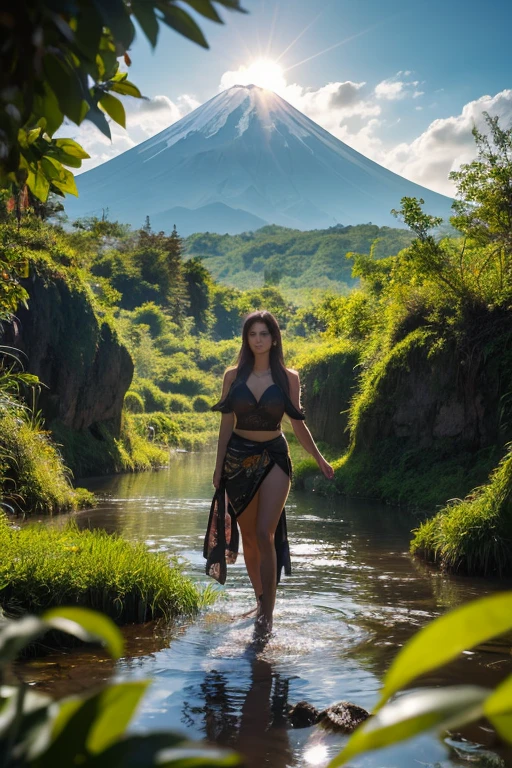 Ana de Armas and lion descending stairs in the jungle in royo fine art style. Vista completa. andando