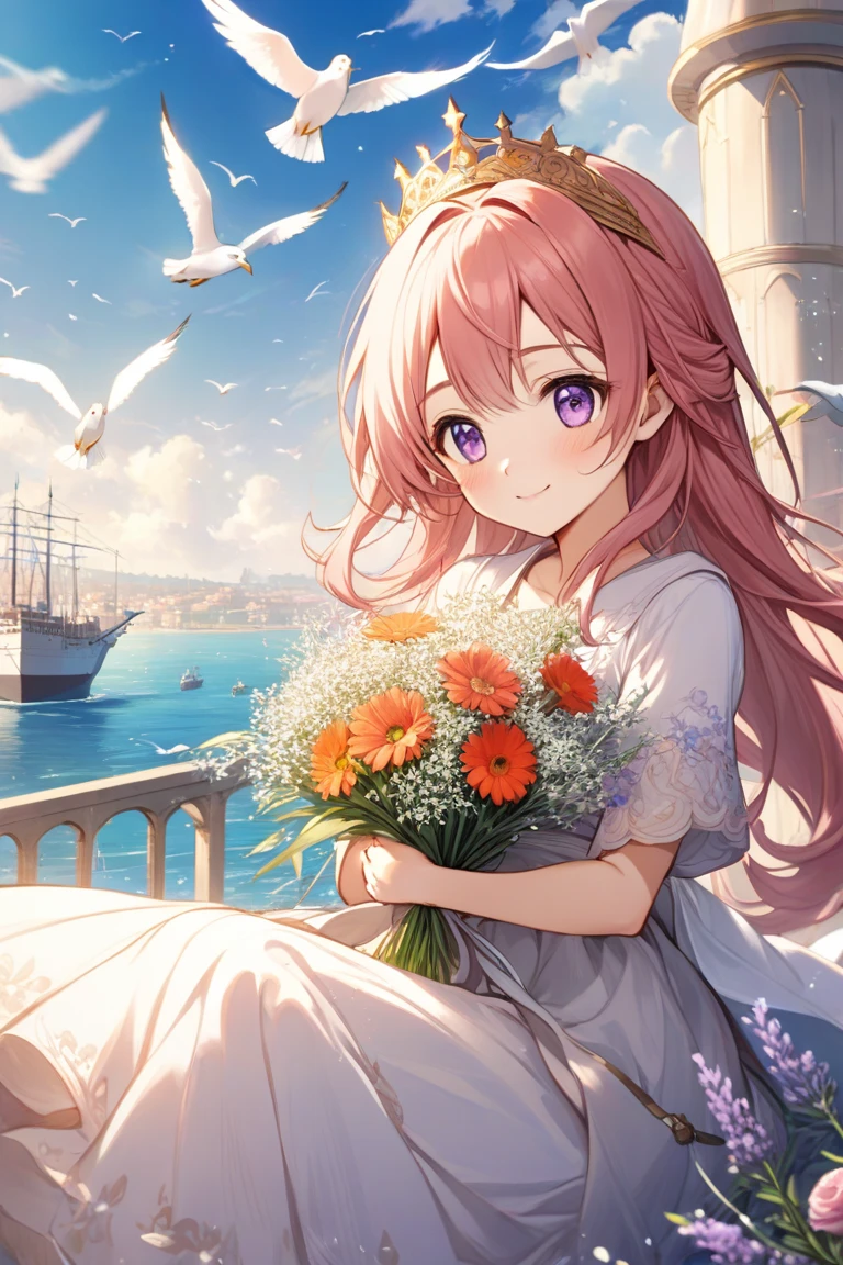 Octane Render、(Hyper-detailing: 1.15)、(Soft light、sharp: 1.2)、bustup、morning、Girl walking on a road parallel to the railroad tracks、Raising the right hand、Vigorous、You can see the sea in the background, I see the train、（ hair adornments、Floral hair ornament）、 masutepiece, Anatomically correct、A smile, radiant light