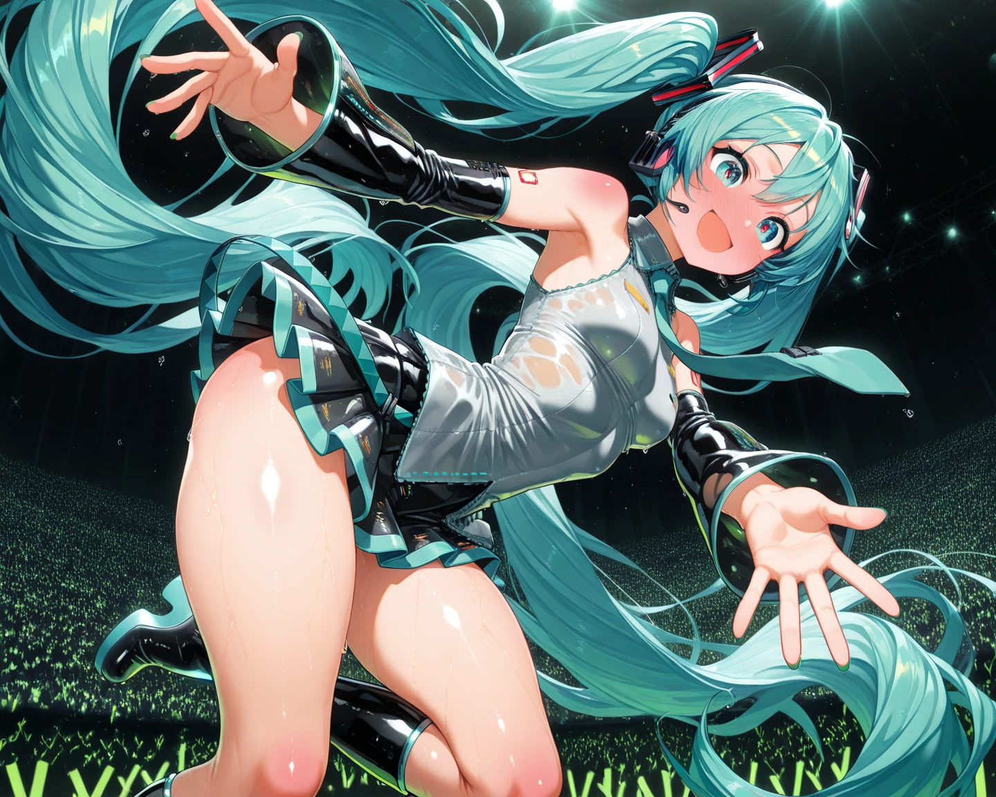 best masterpiece, ultra detailed, best quality, sharp focus, 12k, super high resolution picture, 1girl, hatsune miku, vocaloid,(Bontage leotard:1.5),(sitting on the 1girl:1.5), crossing legs, looking down, from bottom, looking at viewer, outdoors,evil aura,evil smile,full body,dark aura,(anime coloring:1.4),(Several girls in the background:1.5),(cameltoe:1.2),