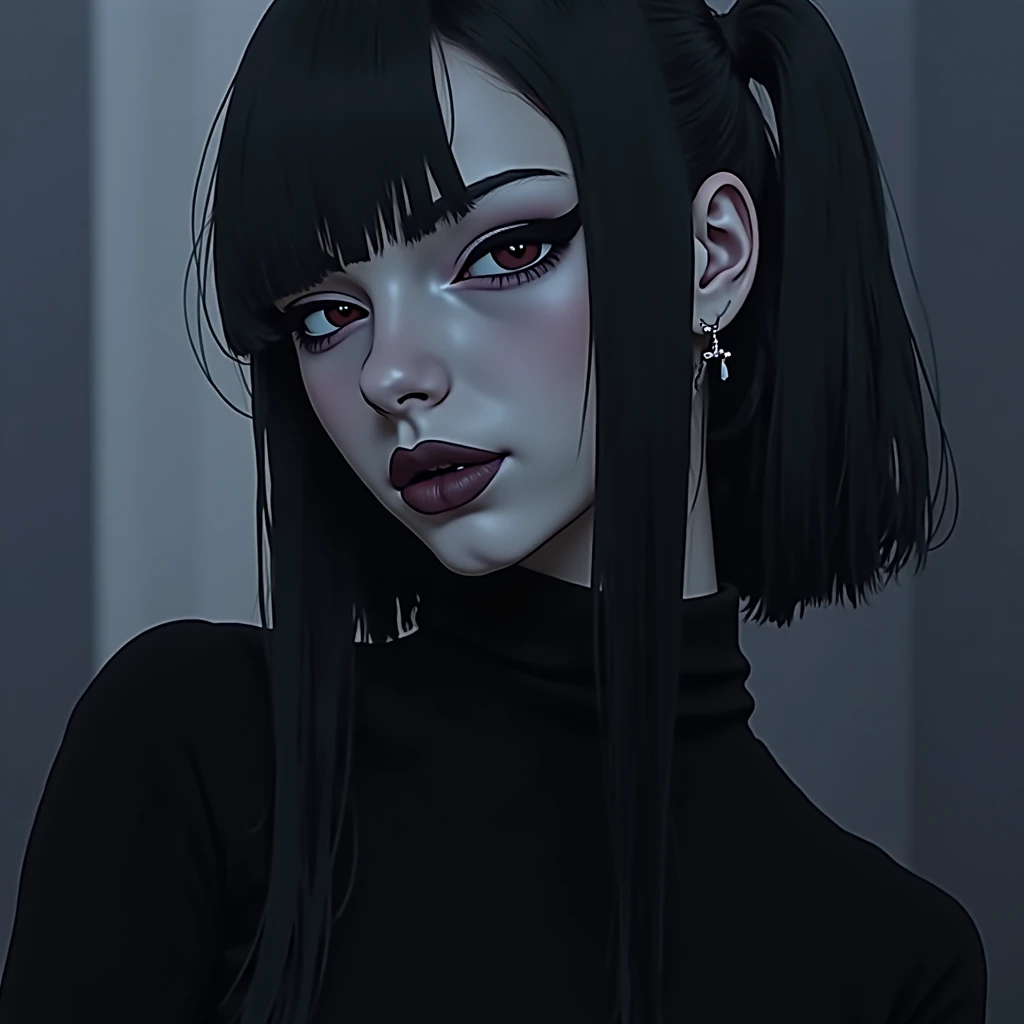 check_9, check_8_up, check_7_up, 1 girl, Simplified background, Asiatic, mafia business suit, , sunny, beautiful, Hime cut his hair, to frown, black lips, black eyes, Tattoos