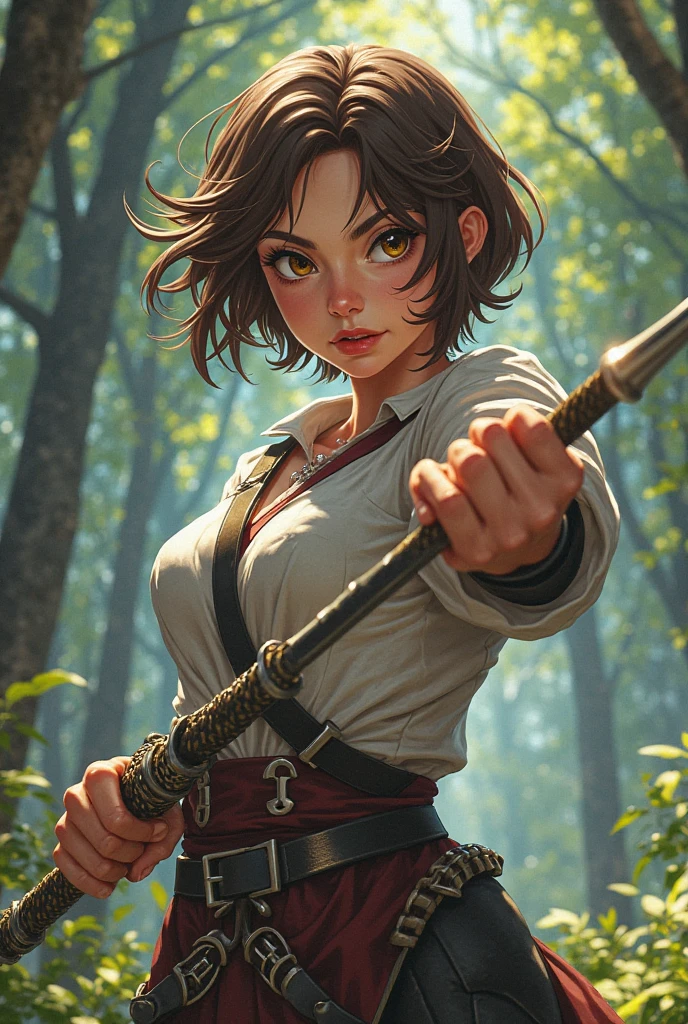 light skin girl, green eyes, short hair, Brown hair, curly hair, moles on the face, dressed provocatively, with a katana in hand. crying, walking. Looking at a fixed point.