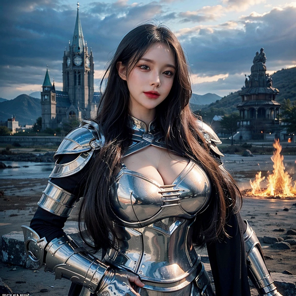 tmasterpiece,top-quality,best qualityer,((photorealestic:1.9)),(femele:1.4),(Large breasts),warrioress,Heavy armor,complex patterns,The background is the castle,dramatics,(magia:1.8),(Glowing sword:1.5),Mysterious symbol