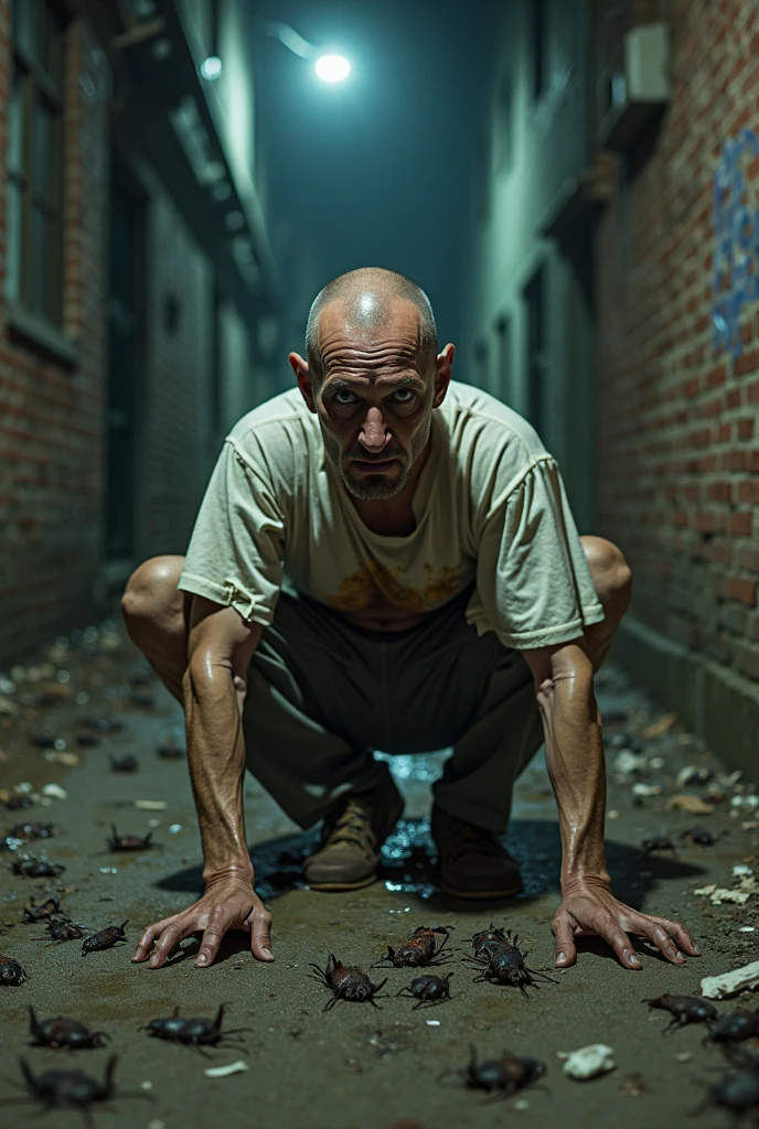 A malnourished and dirty man lying on the floor of a dark hallway being dragged by a chain.