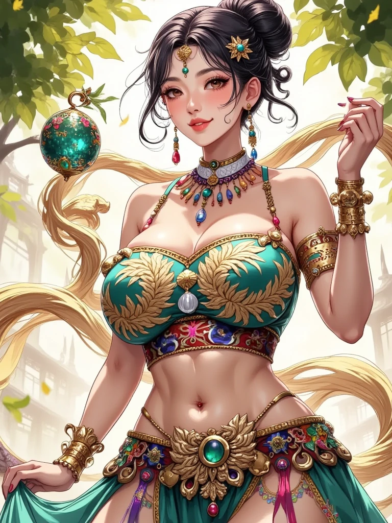 CG art of a beautiful balinese girl, 1girl, (marijuana goddess:1.2), (marijuana princess:1.2), (marijuana leaf crown:1.2), cute girl, curvy, voluptuous, and thick body type, exotic, (full body shot), Sam Yang art, balinese culture, 
glamor pose, smirk, eyebrow up, 
pastel color, calm tones, 58 mm,
detailed marijuana bali garden background,
(paint by SamDoesArts:1.3)