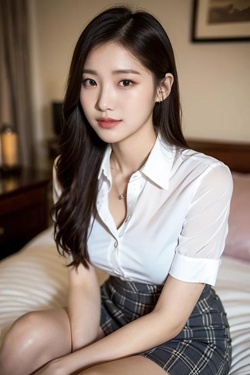 Japanese Office Lady、Kneeling on the bed、White shirt、suit、Micro Mini Skirt、(masterpiece)、The shirt button is undone、Front Hook Bra