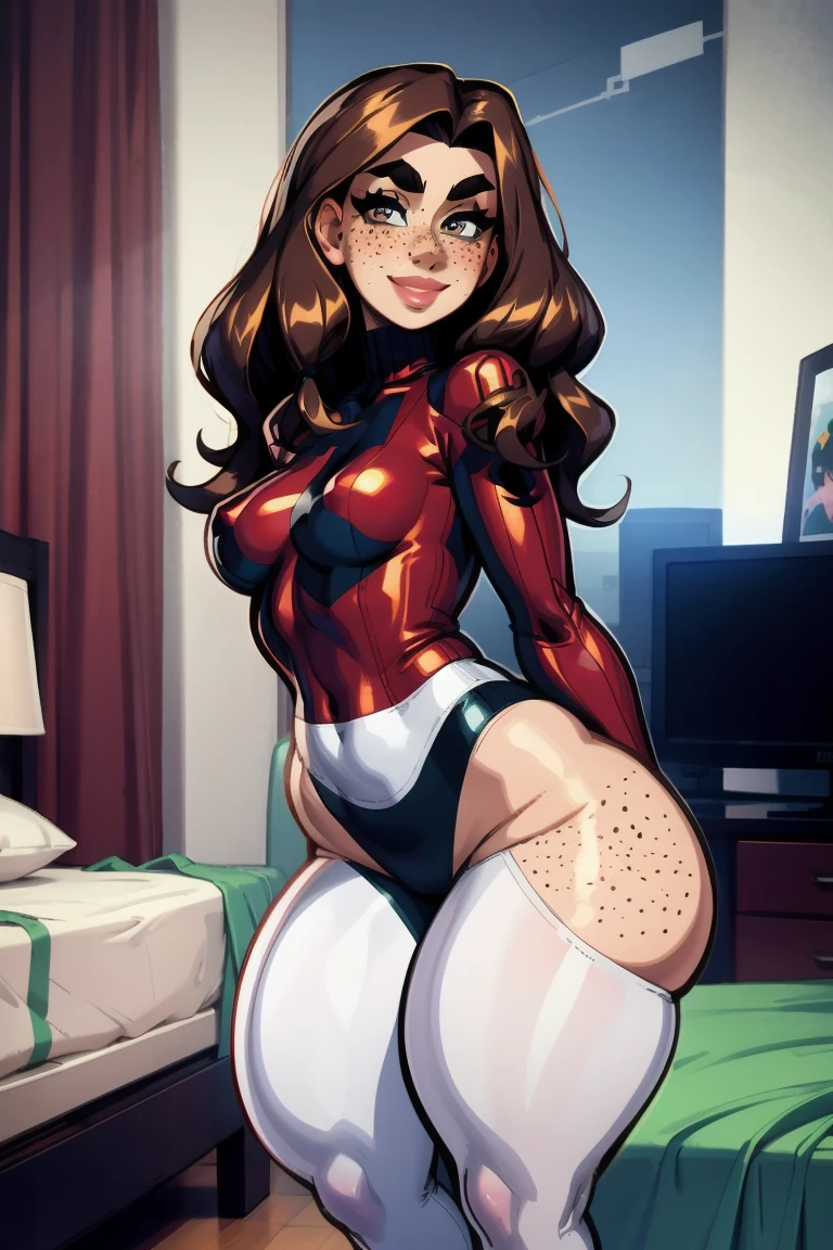 Anime style, Spider girl, spreading her pussy, Red spider man suit, perfect breast, short skirt, black wavy hair, sitting on couch, legs lifted and widely spread, spreading her pussy, spreading pussy lips with fingers, to show the interior of her pussy, naughty seductive expression with a smile, right hand spreading pussy, left hand showing middle finger, high quality, detailed, elegant, sensual, chiaroscuro lighting, warm tones, anime