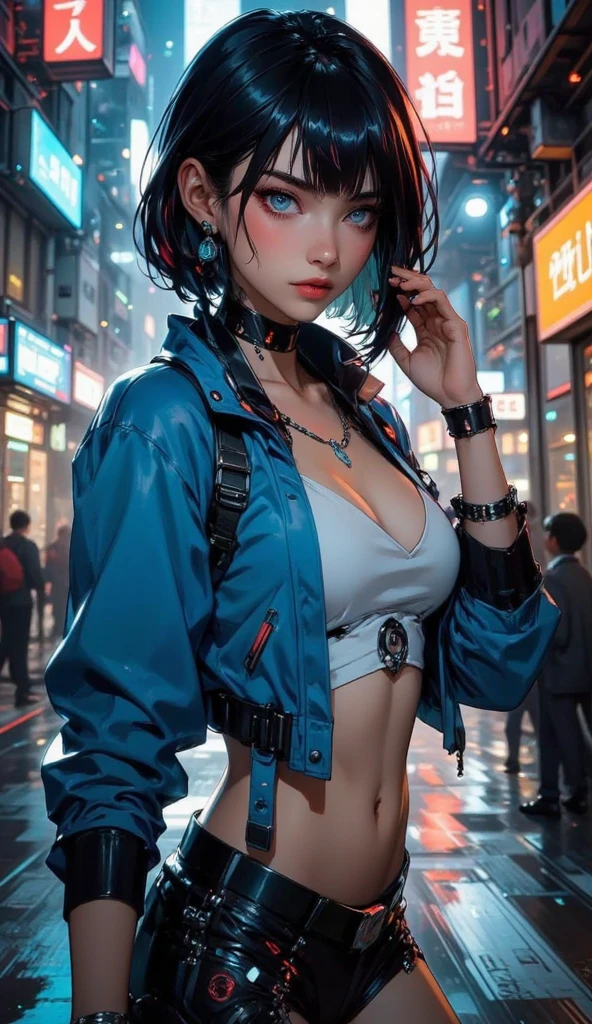 a beautiful woman with short hair, blue topaz eyes, and shiny red lips sitting on a bench in a night city with neon lights, backlit and with a blue and white theme, wearing a nylon jacket, bikini top, and loose nylon pants, with high heel sandals, looking up with a small smile, her hair blowing in the wind, with a close-up on her lips and cleavage, (best quality, 4k, realistic, photorealistic, detailed, masterpiece:1.2), (1 adult female)