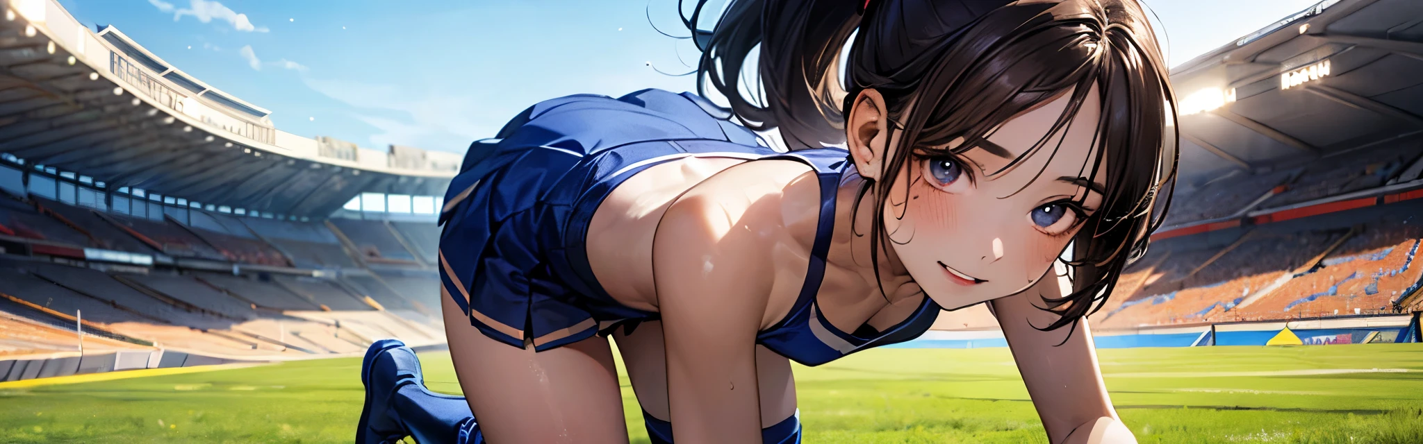 nsfw,((perfect anatomy:1.3,realistic,:1.3,RAW Photography:1.3,masterpiece、highest quality、Ultra - High resolution、High resolution、Highly detailed CG、8K)),cowboy shot,1 female,solo,20 year old beauty,((beautiful detailed face and eyes,big gorgeous eyes)),dark brown eyes,open mouth,drooling,((brown hair,long hair,forehead,center parted hair:1.2、straight hair)),(medium breasts,slender body,small head:1.4,skinny,tan skin:1.4,gleaming skin,oily skin,shiny skin,sweat:1.7), BREAK ,((Cheerleader,blue Cheerleader uniform,sleeveless,white panties,remote-vibrating-egg、vibrater-egg in panties,damp crotch)),squatting, BREAK, Viewer's Hand、Audience seats、arena、