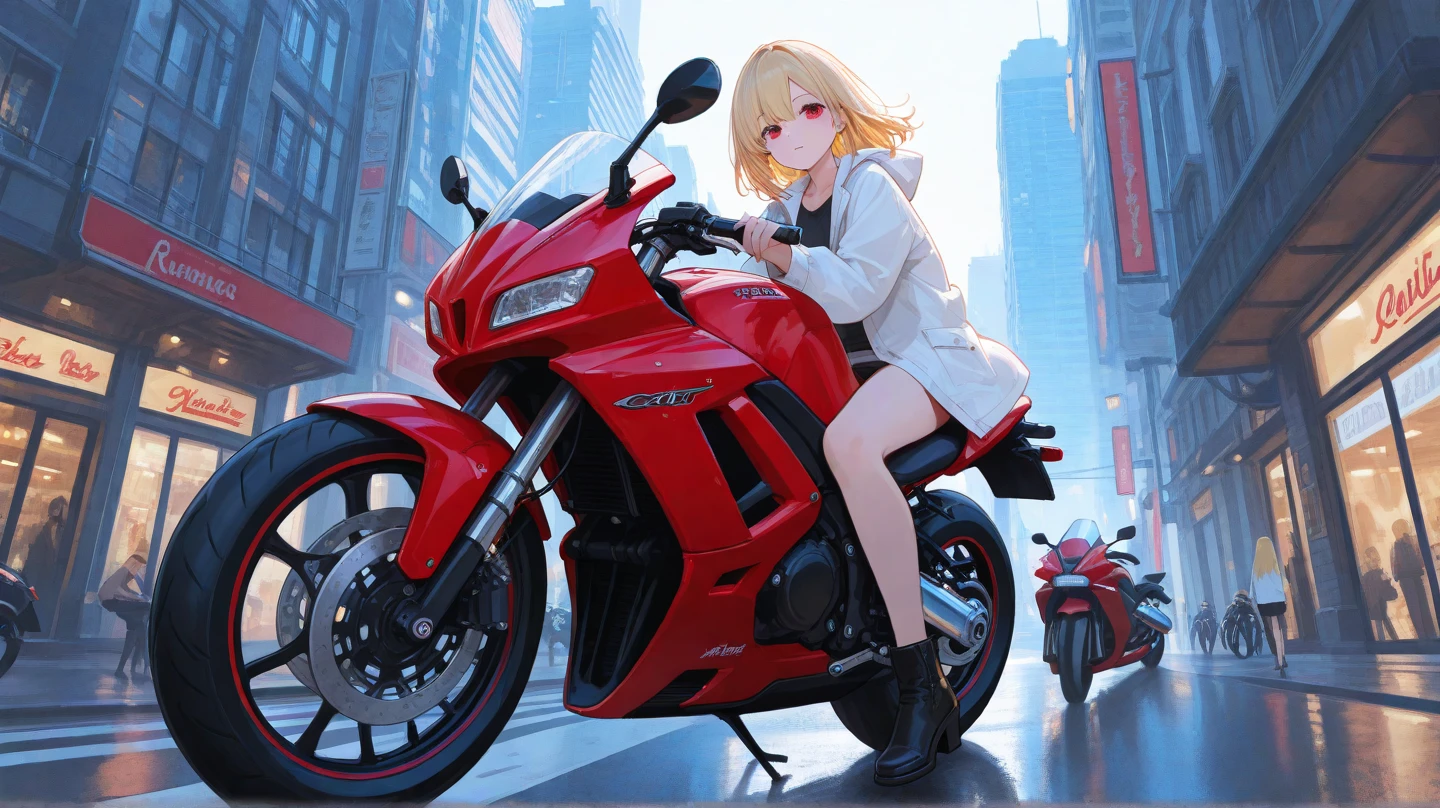 (masterpiece,4k, best quality,slim,thin,skinny,petite), panorama view,(full body),from below, a girl with pajamas in a morden bedroom,window,cityscape,bed,looking at viewer,sweat drop,curl up at corner,crouch,hands on own legs,motorcycle helmet,frilled socks,smile,no shoes