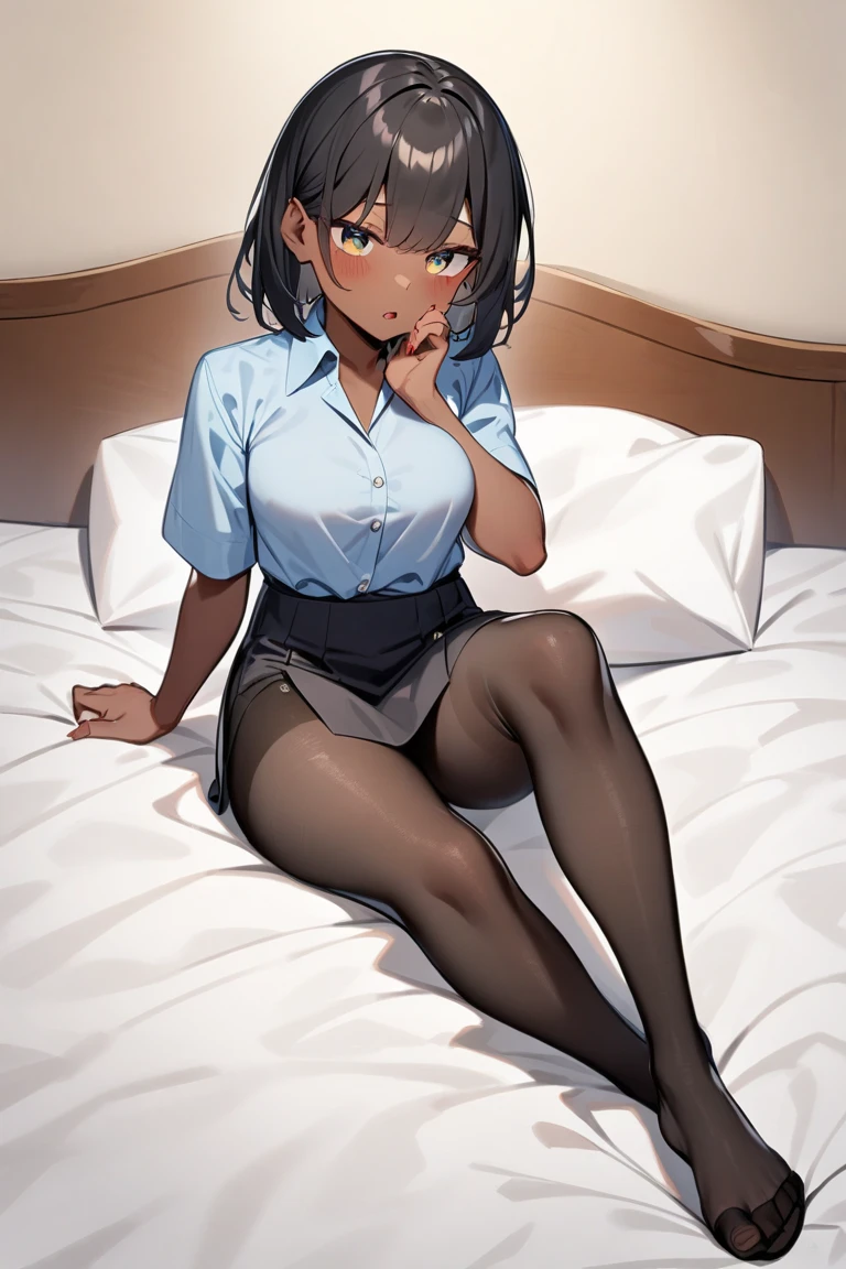 main piece、high quality、high resolution、1girl,single, Ruka Sarashina、jewelry、the skirt、sweaters、a necklace、black skirt、a woman with dark hair、short hair、black hair,beige ribbed sweater、socks、sweater with turtleneck、turtleneck、White Sox, blue eyes, long sleeve, skirt pleated black, bow, bow, blue hairband, bangs, big full breasts, cleavage, medium waist, medium hips, wide thighs, cowboy photo, smile, seductive, embarrassed, hotel room, in bed, on all fours , looking at viewer,pov(from above), finest, masterpiece, High resolution, (Full body view from head to toe), Composition from the front and slightly below, symmetrical composition, Composition with accurate balance throughout the body、, slim and beautiful girl, alone, (small breasts), (not wearing shoes),long messy brown hair, bangs, (black tights), (black pantyhose), (sitting on the floor with legs apart), (Pose with legs spread on the bed), tied up with both arms hidden behind the back, (Composition showing white panties), (her legs spread、I can see white panties.), (Open mouth with a pained expression), blush, shy big eyes, looking at camera, blazer uniform, plaid pleated skirt, smiling at you, grinning at you, blue bra, mekosuji, five fingers, big breast,