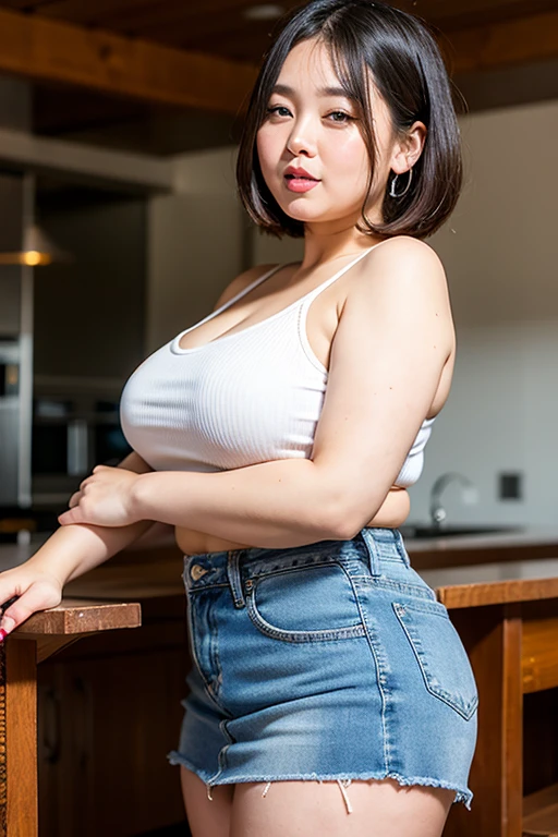 nsfw,(tanned skin:1.3), japanese girl,mascular and curvy thighs,(adult thick body),18 years old,black short hair,smile,pubic hair,hairy pussy,tanktop shirt,short pants,(grabbing thighs)