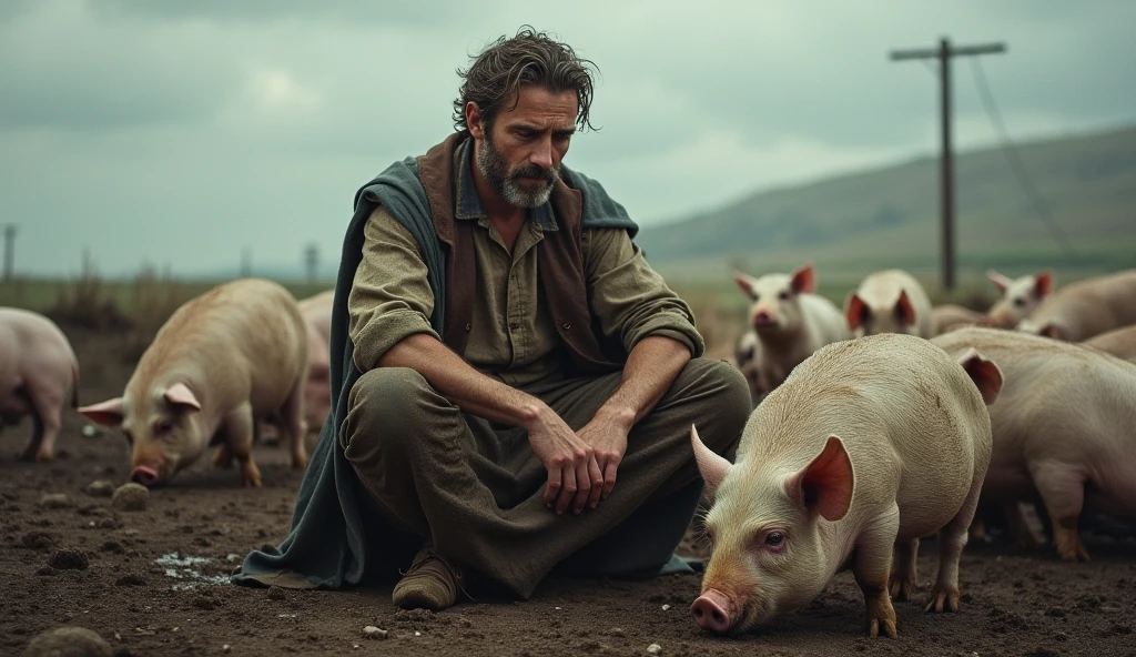 kneeling on the ground in front of a dirty manger, feeding hungry pigs