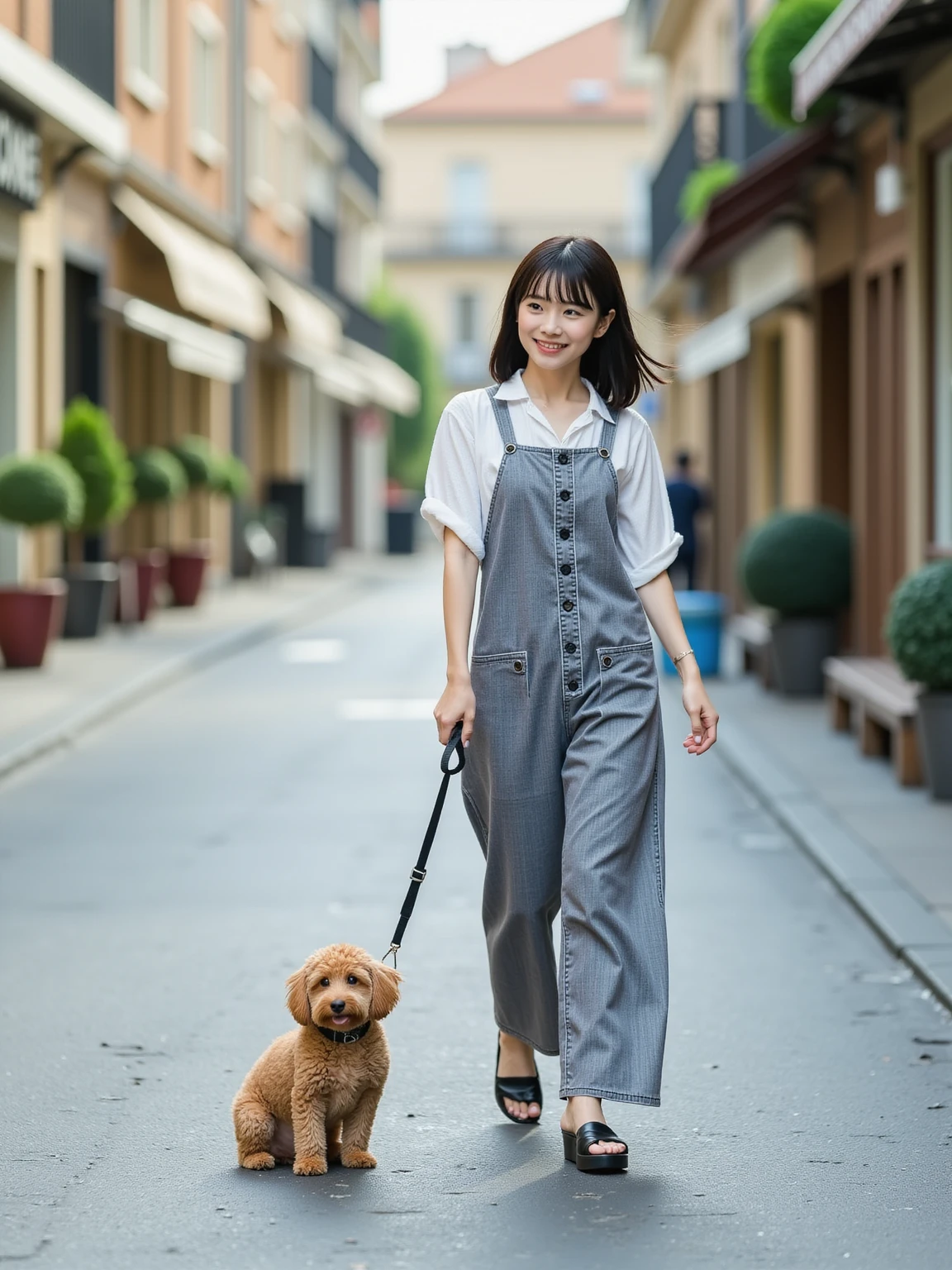 Shot from behind、Her face faces the viewer, and she looks very attractive with her backpack on., (adorable baby dog), Enjoy a lovely spring outing surrounded by beautiful yellow flowers and natural scenery.. 1 girl,Cute face,smile,tight shorts,Knee socks、The illustrations are in high resolution with 4K resolution.., 12 year old girl with highly detailed facial features