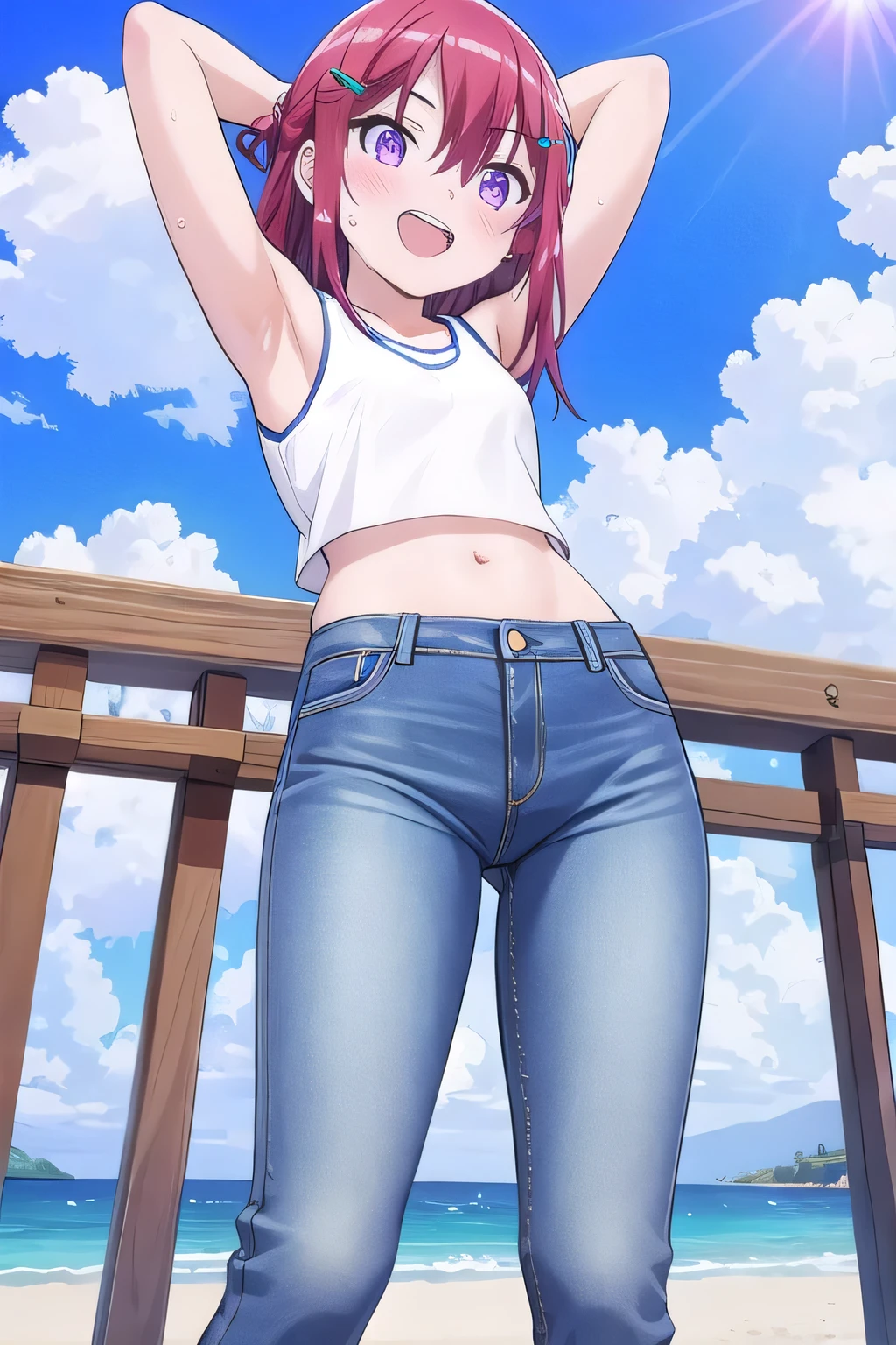 (8K、Highest quality、Highest quality、masterpiece)、Detailed face、One Girl、(Brown Skin:1.2)、Long Hair、Red Eyes、Serious、(Red Tank Top、Denim hot shorts、Open Shorts、Unziped shorts、Mini jeans Shorts、No Panties、NoPanties、Spread pussy、heart cutout)、labia view、Beach、cloud、vagina、Pussy Lip、Wedgie between Pussy Lips、Big Breasts