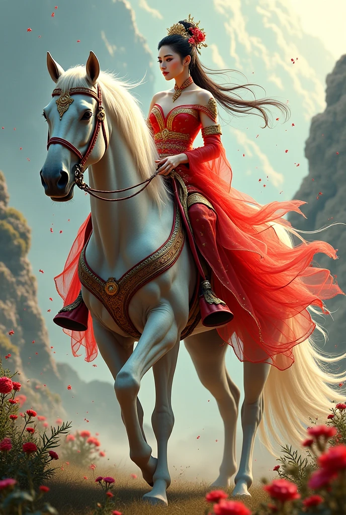 Highest Image Quality, High Resolution 8k,Painting of a Woman, Beautiful Woman,Riding a Horse in a Dress, Wlop Painting Style, Beautiful Character Painting, Beautiful Painting, Very Well Detailed Painting,Graphic Artist Magali Villeneuve, by Yang J, Wlop Art, Art by Edouard Bisson, Beautiful Fantasy Painting, Art by Wlop and Greg Rutxowski,  stylish digital painting, oil painting style, beautiful digital painting, very well detailed