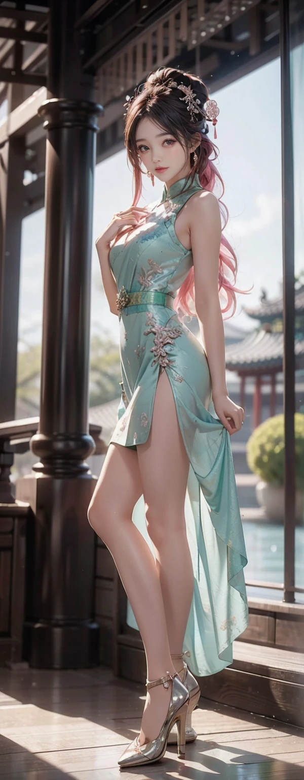 "Perfect,4K,，A pink-haired，climaxing，shuang，lovemaking，Not anymore，female dog，get down on the bed，Green cheongsam，green high heels，"