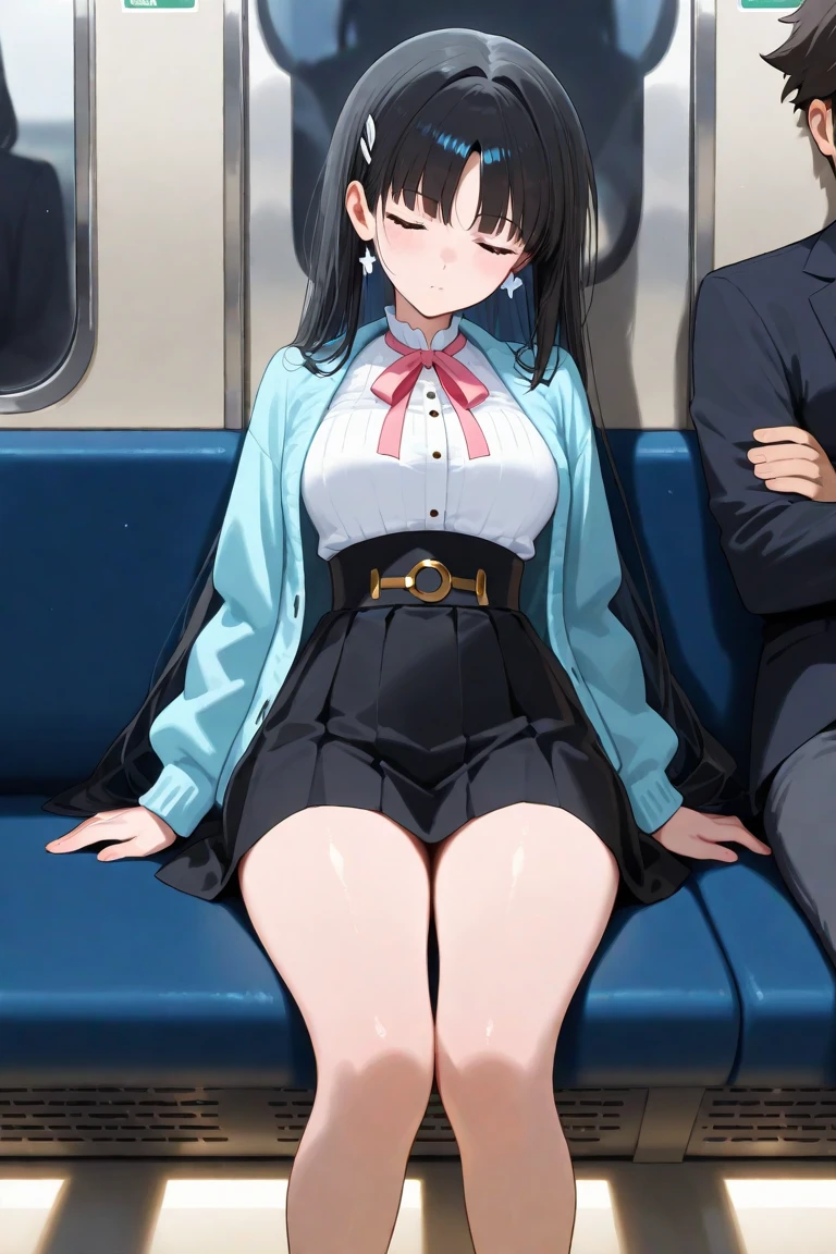Best Quality, masutepiece, 超A high resolution, (Photorealistic: )Office lady in her 30s、OL、frontageから見る、Black hair straight long hair、poneyTail、bow ribbon、beauty legs、Recruit Suit、a smile、Legs thin、Tight mini skirt、pencil skirts、Sitting on a chair on a bus、Slimed、legs spread to the left and right、White silk panties、pin heels、In front of the station、Light blue shirt、White collar shirt。Open the front of the shirt、White lace bra、frontage