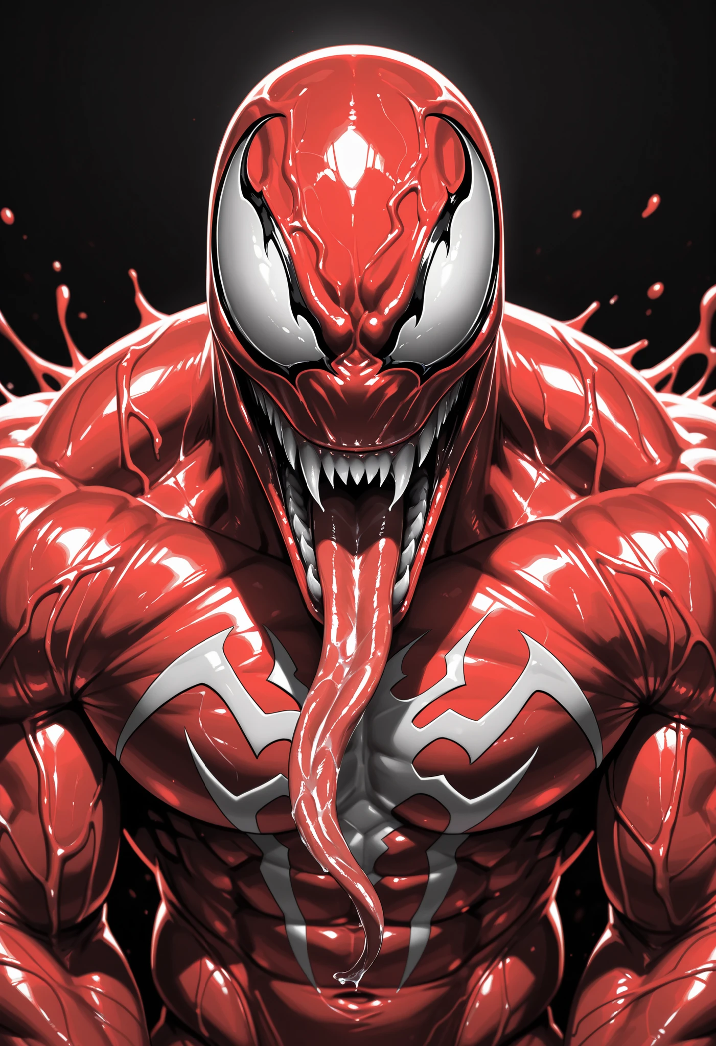 Masterpiece,The best quality,newer,absurdres,highres,monochrome,logo on black background,Red scale,grayscale,vivid colors,Venom,Red Symbiote,macabre smile,Long and salaibous tongue,muscular,