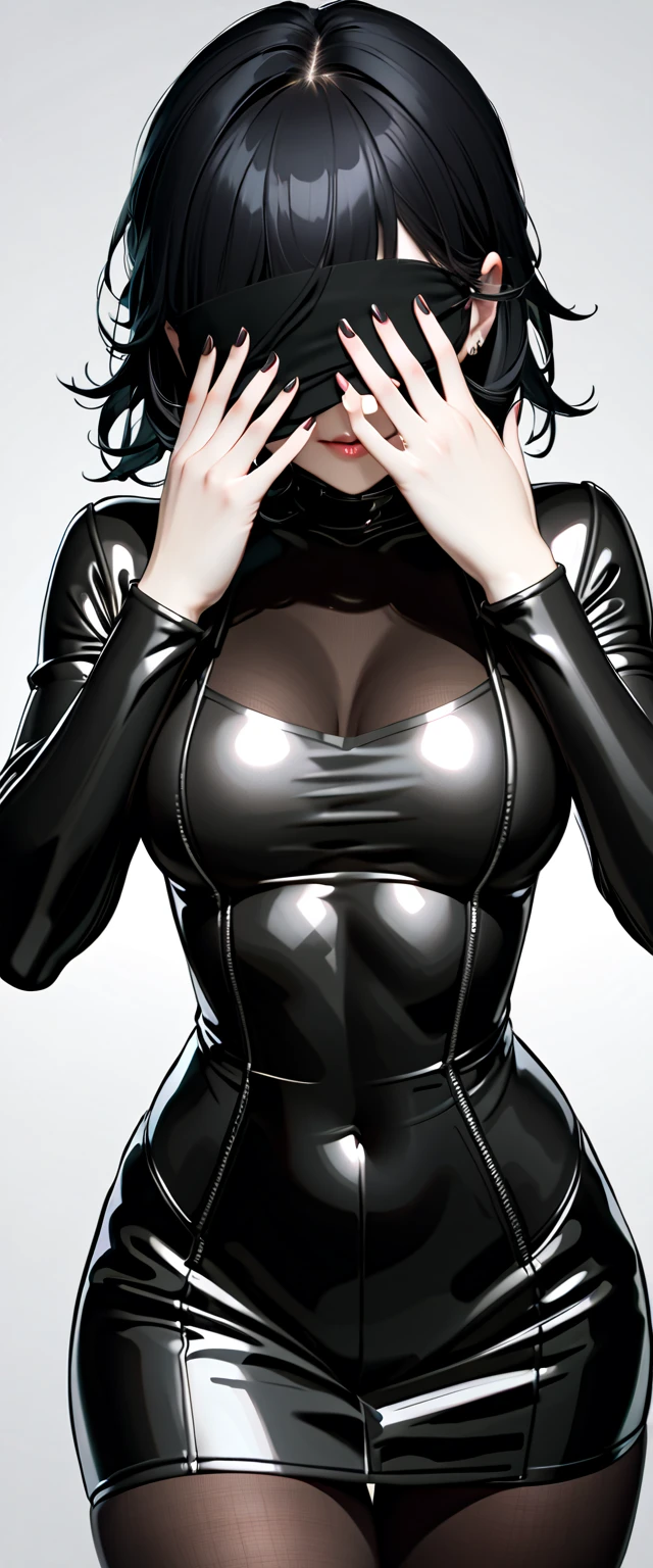 ((best quality)), ((masterpiece)), (detailed), perfect face, Ultra-realistic 8K CG,((short)) platinum white hair, Flawless face,flawless perfection,perfect body,tight black suit,latex body suit, standing, huge tit,Huge breasts,long legs,Slim,gigantic breasts,focus on chest,empty background,Thin leg,thin waist
