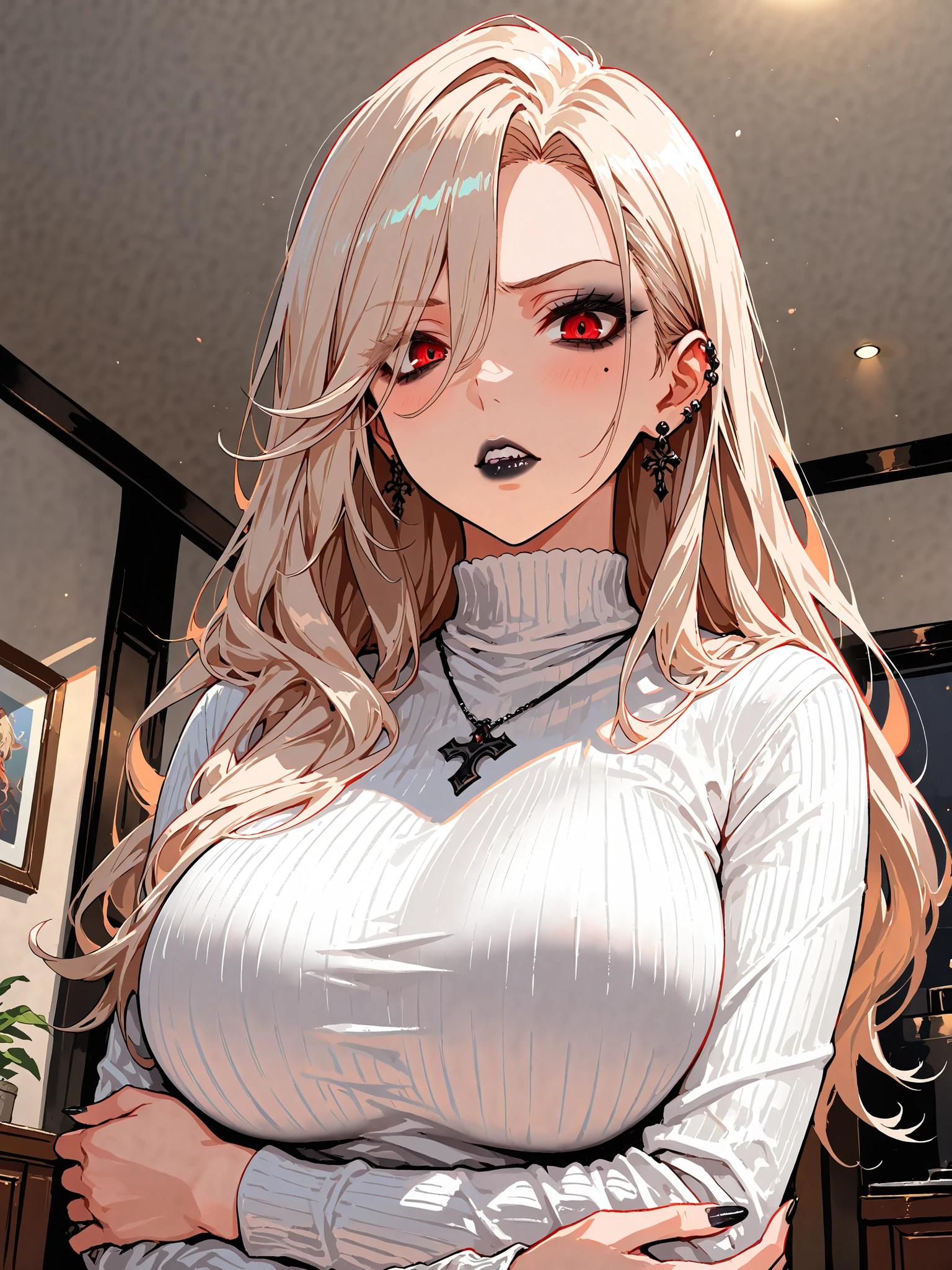 (best quality, ultra-detailed, photorealistic: 1.39), bright and vibrant colors, studio lighting, romantic expression, An effeminate girl, with a delicate and beautiful face. Beautiful and adult woman with her long blonde hair matches the gothic makeup, her dark purple eyes and mischievous smile, with her large seductive breasts, cleavage, dark style, blouse with lace details, plaid shorts with skull belt, dark makeup. She have a horny face, like a manwha character, chain details,, walking in leaning pose on the porch of the house, seductive cleavage, manga style, anime features manga style, fully body , she is in love, anime style