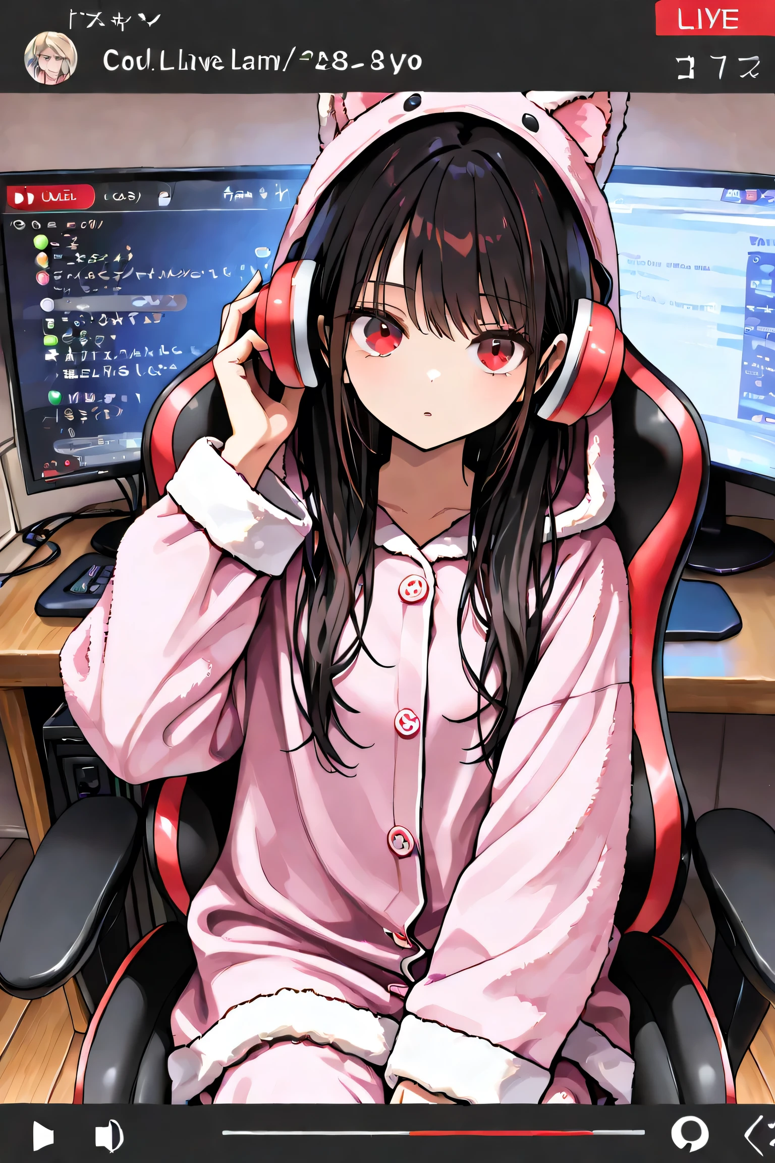 (masterpiece, detailed:1.2)
1lady,28yo,fluffy pajamas,black long hair,big eyes,cool,
sitting a chair,private room,PC,monitor,head phone,
cagivp, livestream, chat log, user interface,gaming chair,