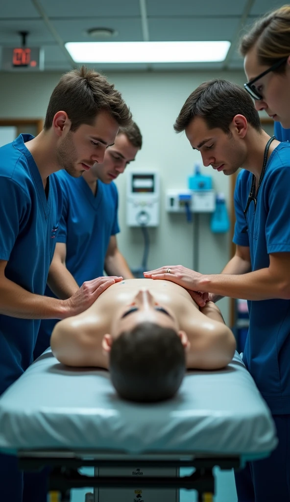 In an anatomy classroom, a young iranian man, stark, brawny, very bearded and hairy body, is lying on an examination table completely, wearing only white underwear. He is touched and examined closely by a group of curious casually dressed students around him., all focused on learning about the human body. The school classroom is bright. 
