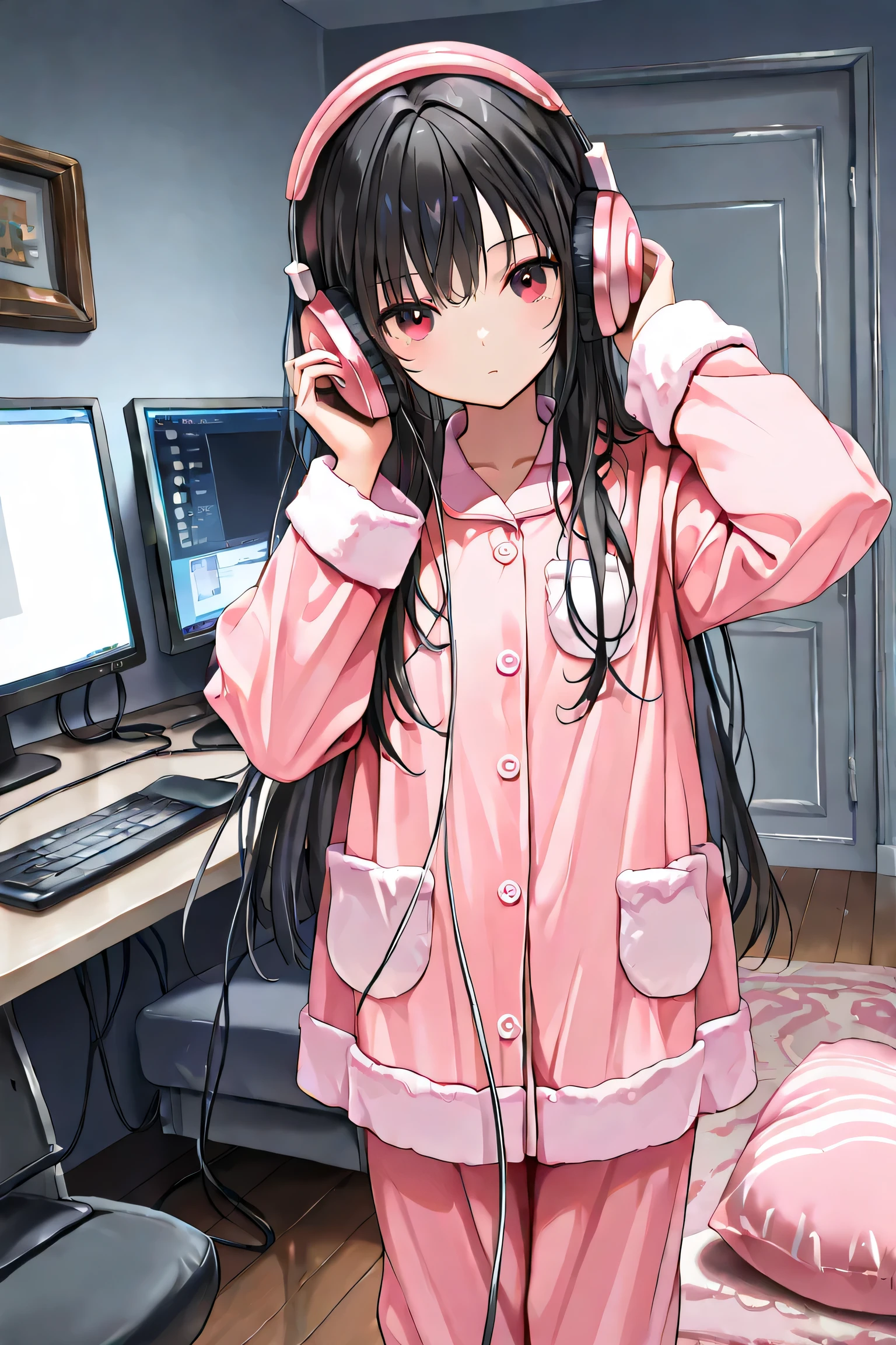 (masterpiece, detailed:1.2)
1lady,28yo,pink fluffy pajamas,black long hair,big red eyes,cool,
standing,full shot,
in private room,PC,monitor,headphone,