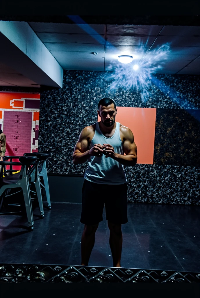 A hyper muscular perspiring male college student sits on a couch alone in a room whose walls are all projection screens showing bodybuilders lifting weights, throwing away books, and staring blankly ahead. The student is wearing a tight sweat-soaked shirt that says JOCK-U as he stares blankly in hypnotic stupor with mouth hanging open and slips into a dumb jock persona, flexing both biceps as he grows more masculine. Big biceps. Big triceps. Big traps. Broad shoulders. Broad chest. Thin vapor coming from armpits and around his head. "Bigger. Dumber. Lift. Flex. Swell. Grow. Big muscles stay. The smarts must go.... Huhuh.... Wut up, Bro?"