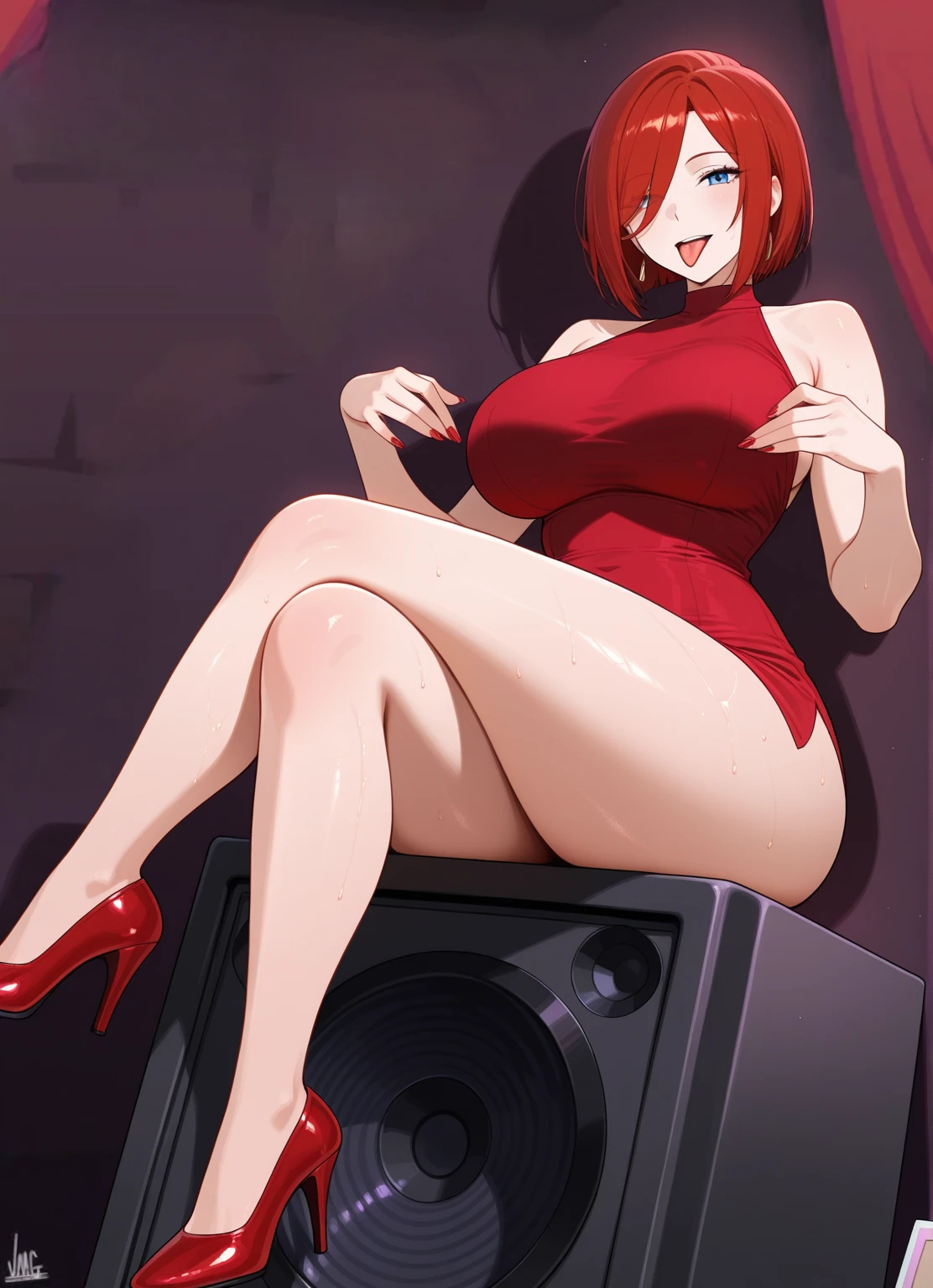 a girl lady big breast sexy attractive sensual sensitivity long red hair shine her blue eye eyelash painted purple soft red lip she dresses long red dress elegant glitter pair net sock black heel black thigh sensual sexy she singing theater lady