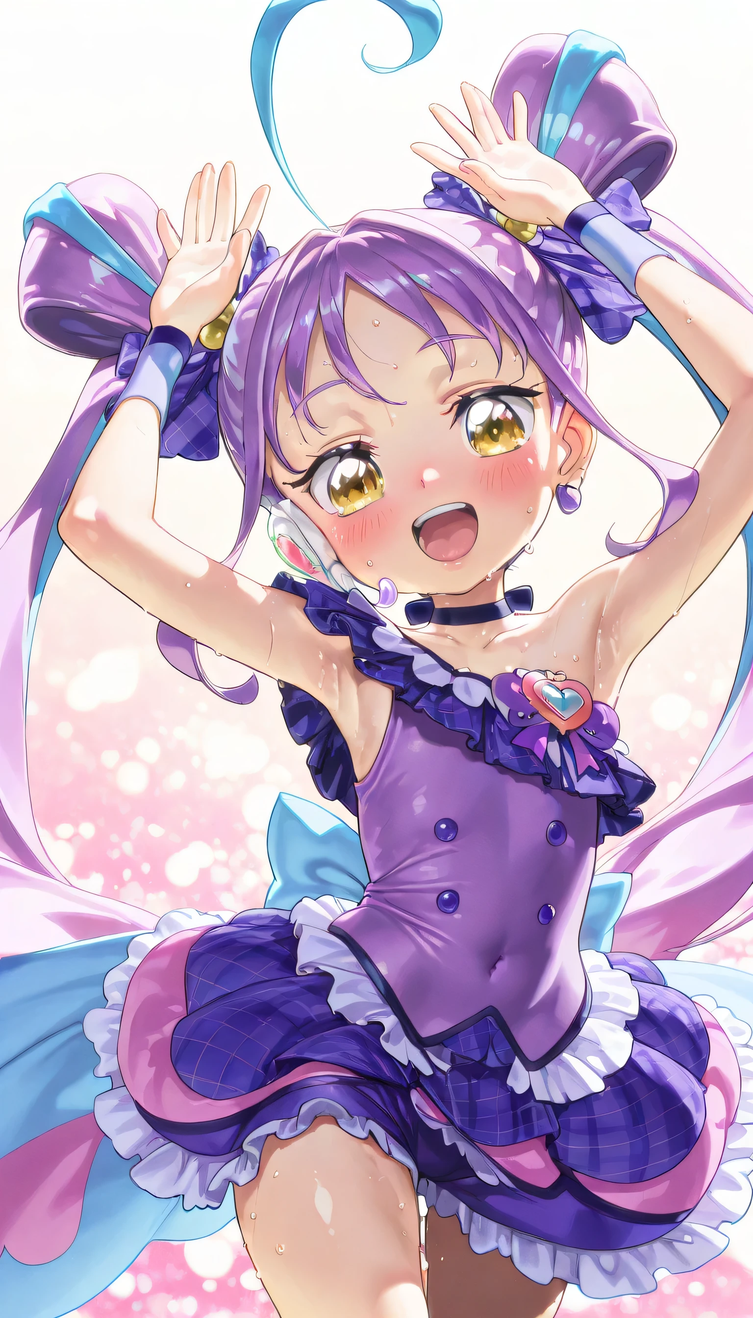 (masterpiece, finely detailed beautiful eyes: 1.2), ultra-detailed, ultra high res, professional lighting, high quality makeup, beautiful detailed eyes, Extremely cute, (extremely detailed beautiful face), (Authentic skin texture:1.4), very aesthetic, latest, scenery (delicate), Volumetric Lighting,  depth of coverage, shiny skin, (dynamic angle for women, front view), (purple idol frilled one-piece type costume:1.4), (cure kyunkyun, kimi to idol precure:1.1), (1 ultra super extremely cute lower elementary school student girl), (flat chest:1.1), (, petite body, small stature, ish, toddler), (aged down:1.4), drooping eyes, (blush:1.3), (sweat:1.1), happy, wink, open mouth, (slender body, slender stomach:1.1), long volume hair, armpit focus
