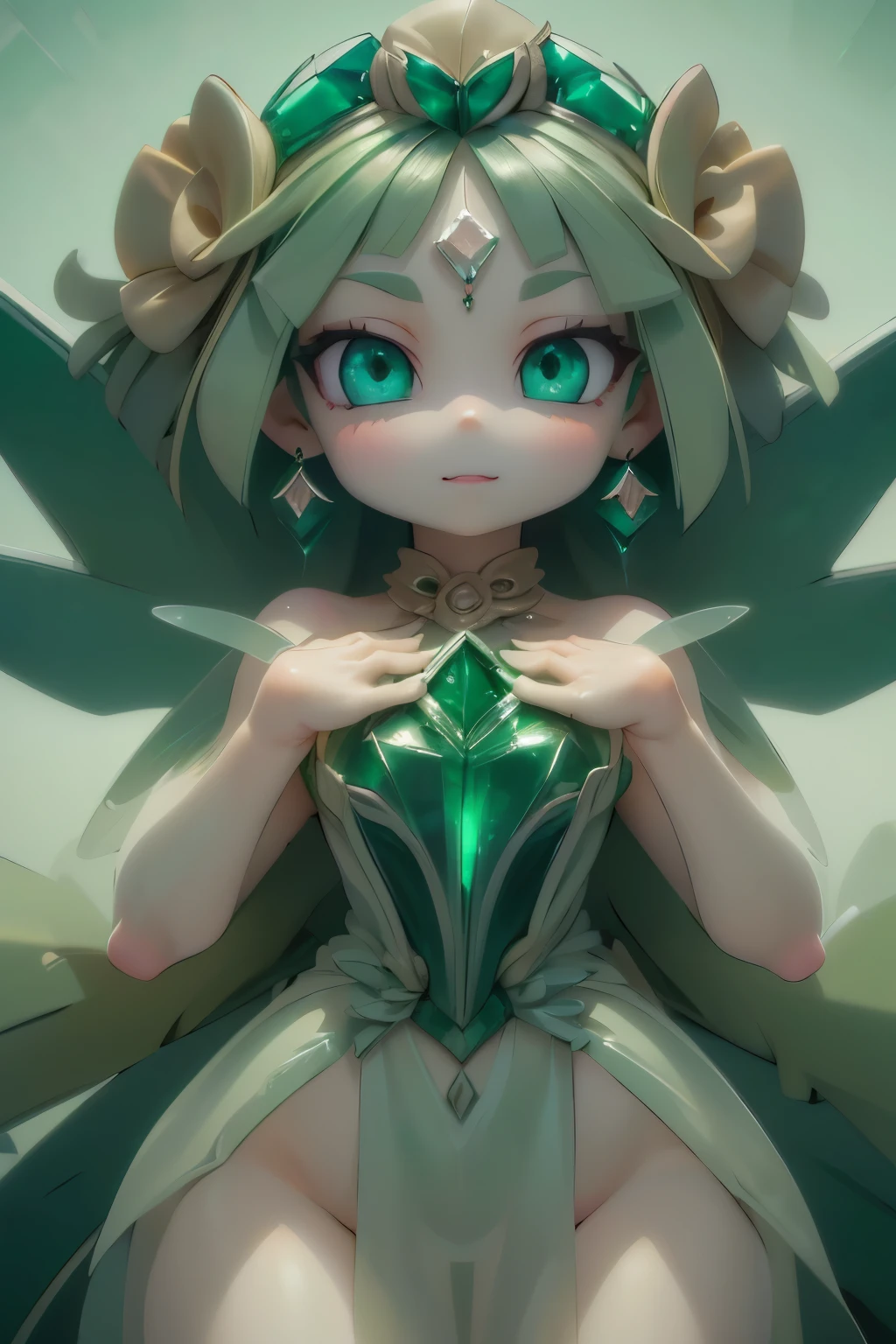 solo,1 Female,cute, cute,small ,Skin color is white,(Succulents Succulents Fairy:1.5),(Mysterious fairy:1.5),(An accurate and perfect hand:2.0),(Anatomically Accurate Hands:2.0),( ballerina pose :1.5),(Emerald Green Jewel-like Eyes:2.5),(Glittering Highlights Reflected Light:2.0),(Background is a Blue Sky and Beautiful Fresh Green Forest:1.5),(Yellow-green shiny semi-long hair:1.2),(is smiling:1.2),(with large transparent Dragonfly and agave wings growing on its back:1.7),(beautiful luxurious dress like metallic green Succulents:1.5),big cute smile,(Dragonfly's Beautiful Wings on Her Back:1.5),[Dragonfly Wings:1.5],(The background is a blue sky, beautiful fresh greenery, and an agave forest:1.5),(8k,very detailedCGユニットのwallpaper, masterpiece,high resolution, real texture skin,surrealistic,increase resolution,RAW photo,best quality,very detailed,wallpaper,Movie Lighting, Raytrace ,face close-up,(Face Light:2.0),(Increase overall color saturation:2.0),(cowboy shot:1.5), Frontal lighting ,
