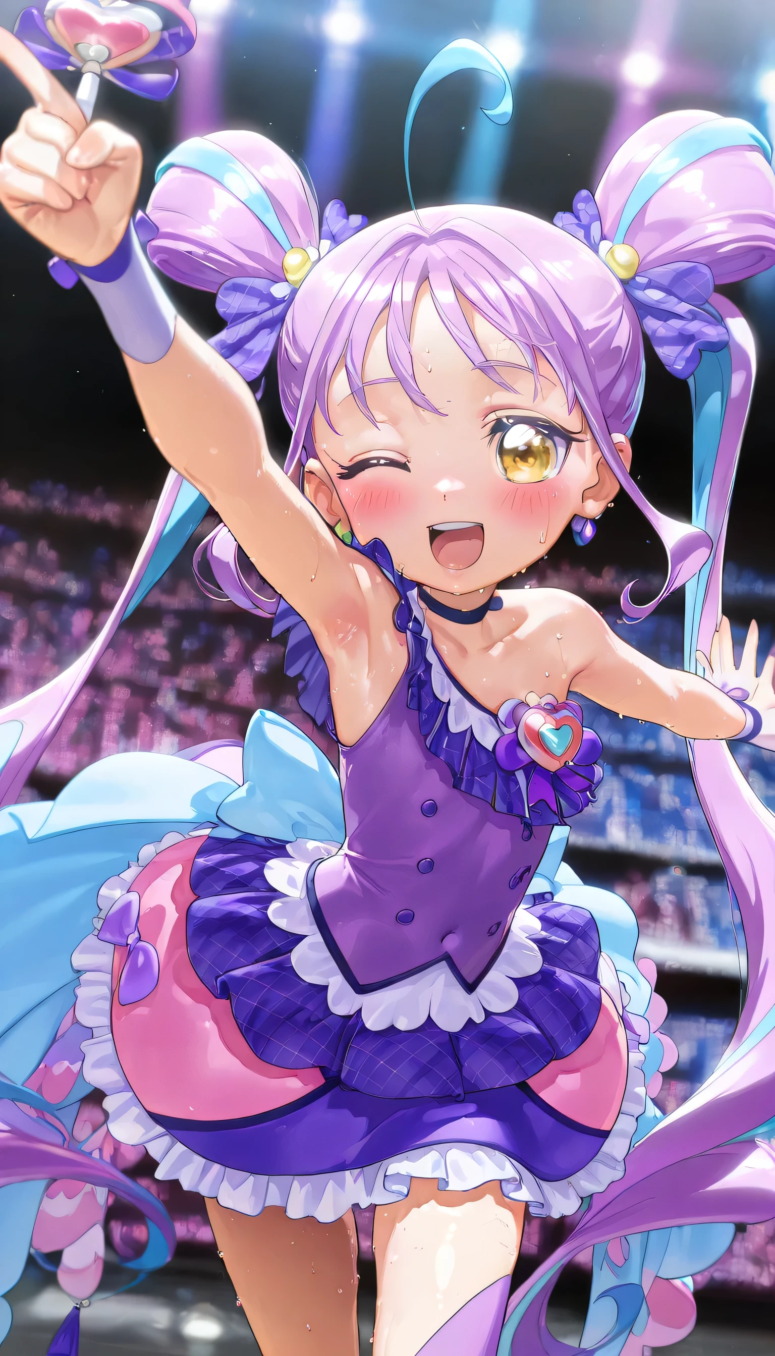 (masterpiece, finely detailed beautiful eyes: 1.2), ultra-detailed, ultra high res, professional lighting, high quality makeup, beautiful detailed eyes, Extremely cute, (extremely detailed beautiful face), (Authentic skin texture:1.4), very aesthetic, latest, scenery (delicate), Volumetric Lighting, depth of coverage, shiny skin, (dynamic angle for women, front view), (purple idol frilled one-piece type costume:1.4), (cure kyunkyun, kimi to idol precure:1.1), (1 ultra super extremely cute lower elementary school student girl), (flat chest:1.1), (, petite body, small stature, ish, toddler), (aged down:1.4), drooping eyes, (blush:1.3), (sweat:1.1), happy, wink, open mouth, (slender body, slender stomach:1.1), long volume hair, armpit focus